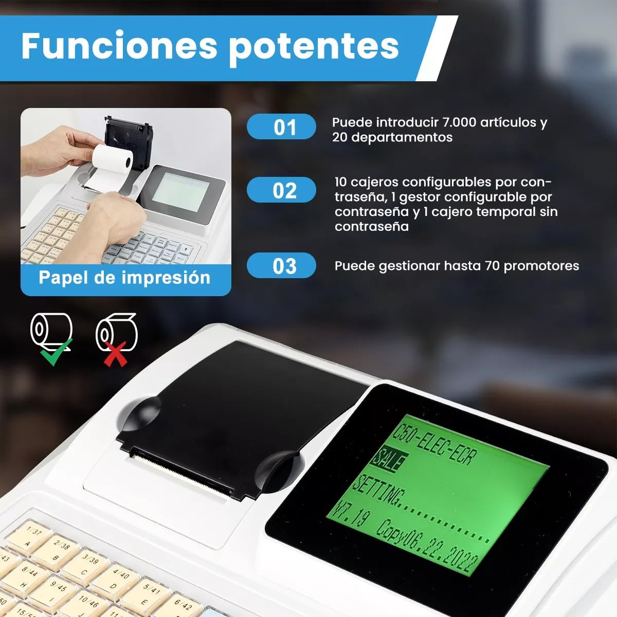 Caja Registradora Comercial, Caja Registradora Electrónica LED de 8 Dígitos, Detector de Moneda con Luz Violeta, Impresora Térmica con Cajón y Teclado, Adecuada para Pequeñas Empresas, Supermercados