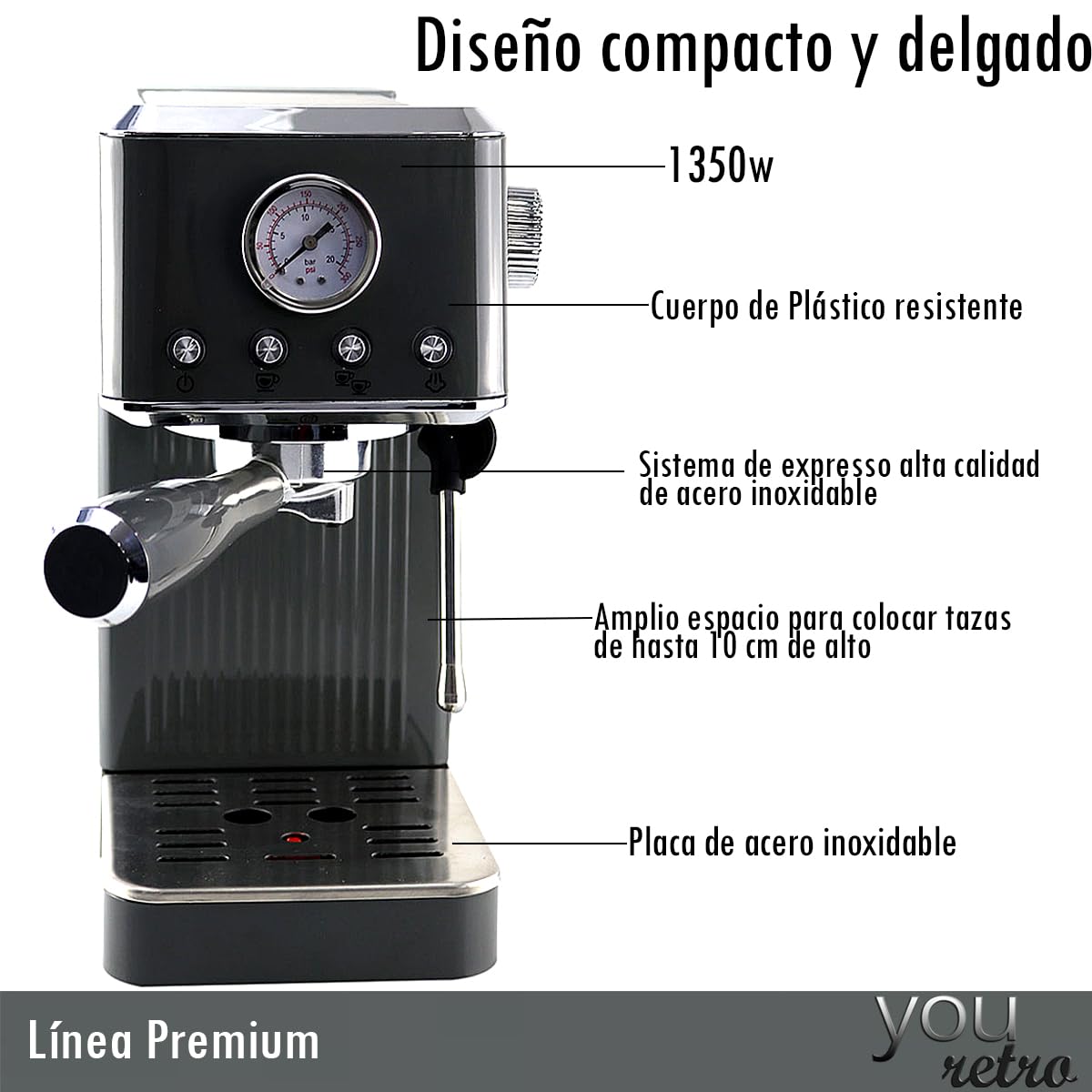 Maquina Cafetera de Espresso y Capuchino 20 Bares, Cafe Molido con Espumador de Leche para Espresso Cappuccino Mocha y Latte Barista en casa 1350w YOU