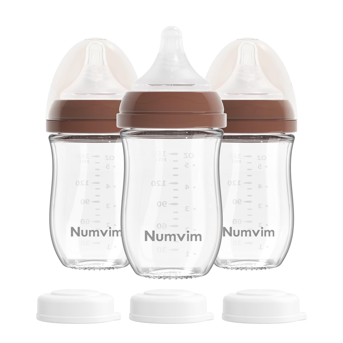 Numvim Biberones de Vidrio Natural para Bebés de Flujo Lento y Suave, Biberón para Lactancia de Recién Nacidos con Tetinas Anticólicos para Bebés de 0 Meses, 3 Paquetes (Marrón (148 ml), 1 Unidad