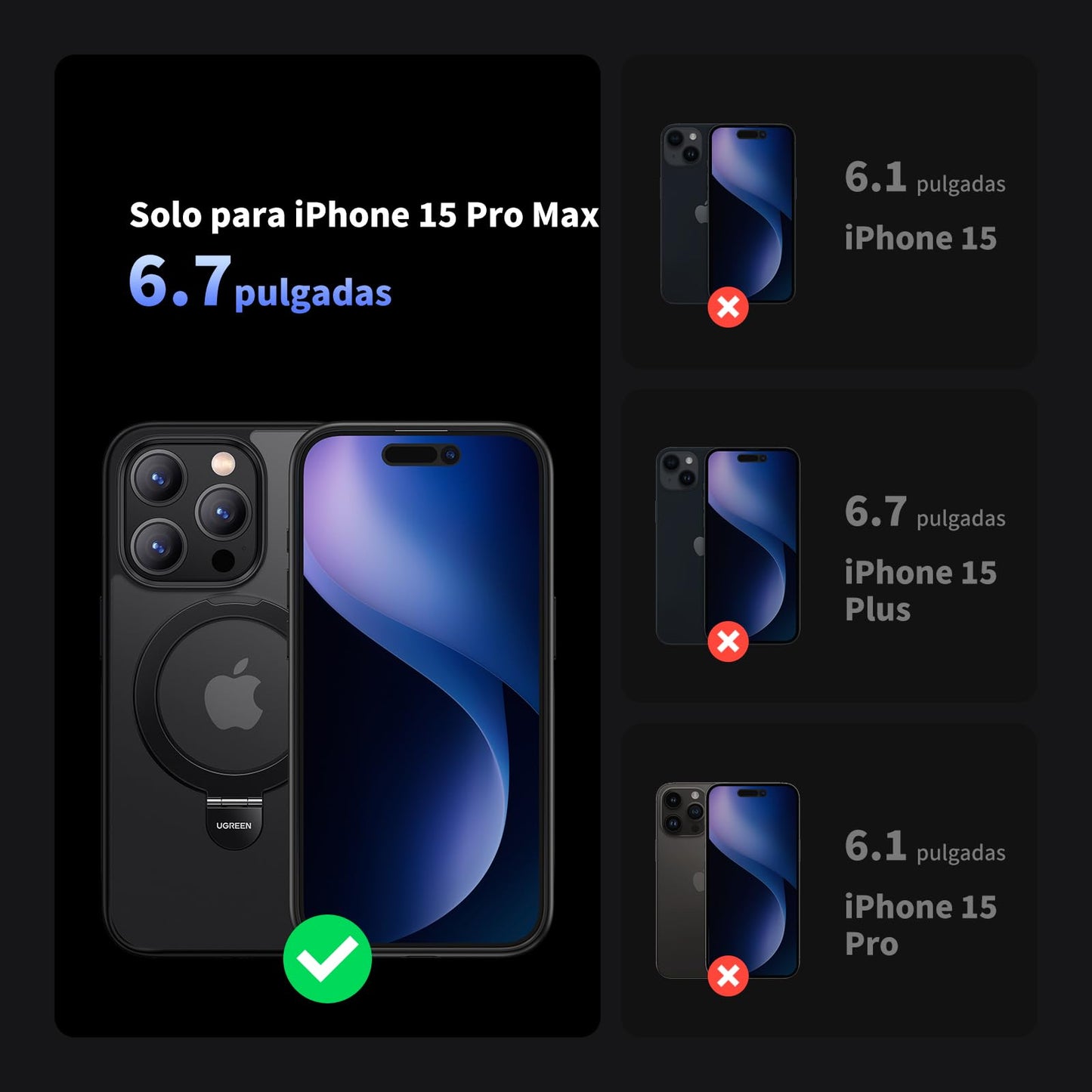 Funda para iPhone 15 Pro MAX UGREEN MagSafe Mate Cepillada con Soporte Anillo Plegable y Protección Anti-Caídas