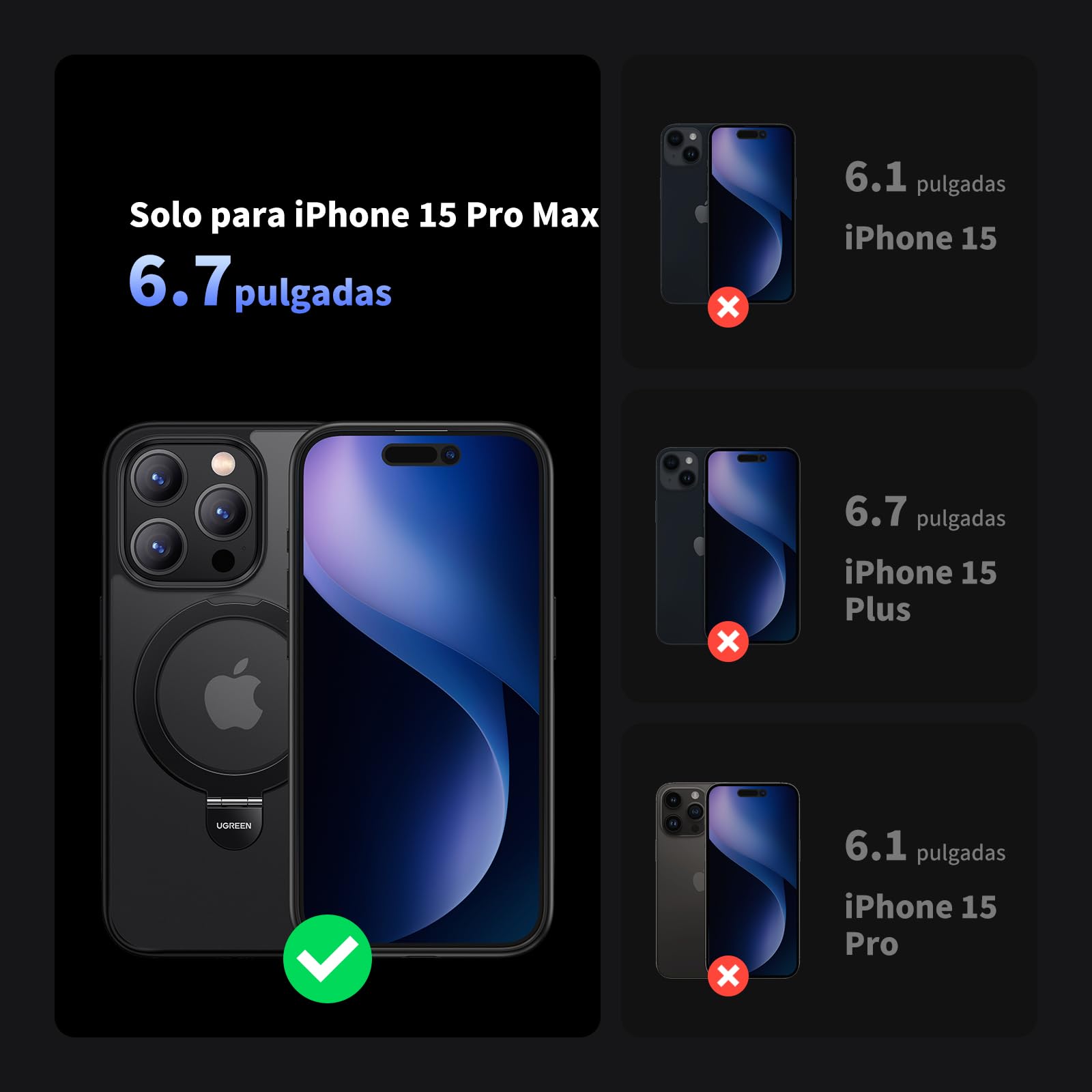 Funda para iPhone 15 Pro MAX UGREEN MagSafe Mate Cepillada con Soporte Anillo Plegable y Protección Anti-Caídas