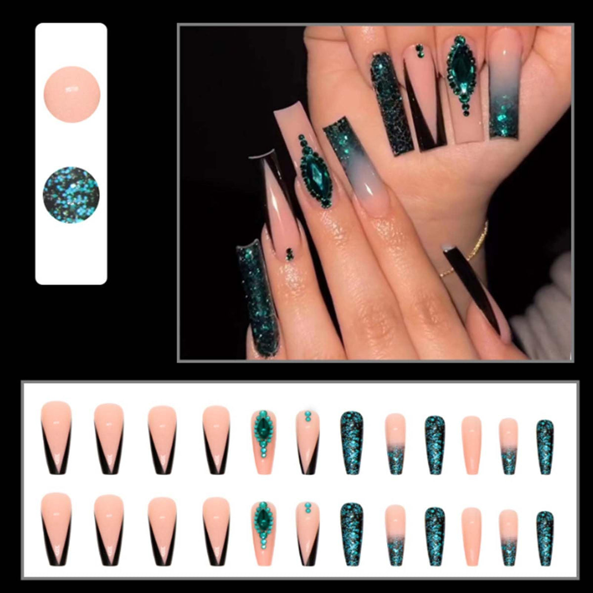 Gifiky Uñas Postizas de Gradiente, Ataúd Largo, Prensa En Uñas Francesas, Consejos, Diseño de Gema de Cristal, Cubierta Completa, Uñas Postizas Verdes para Mujeres y Niñas, 24 Piezas