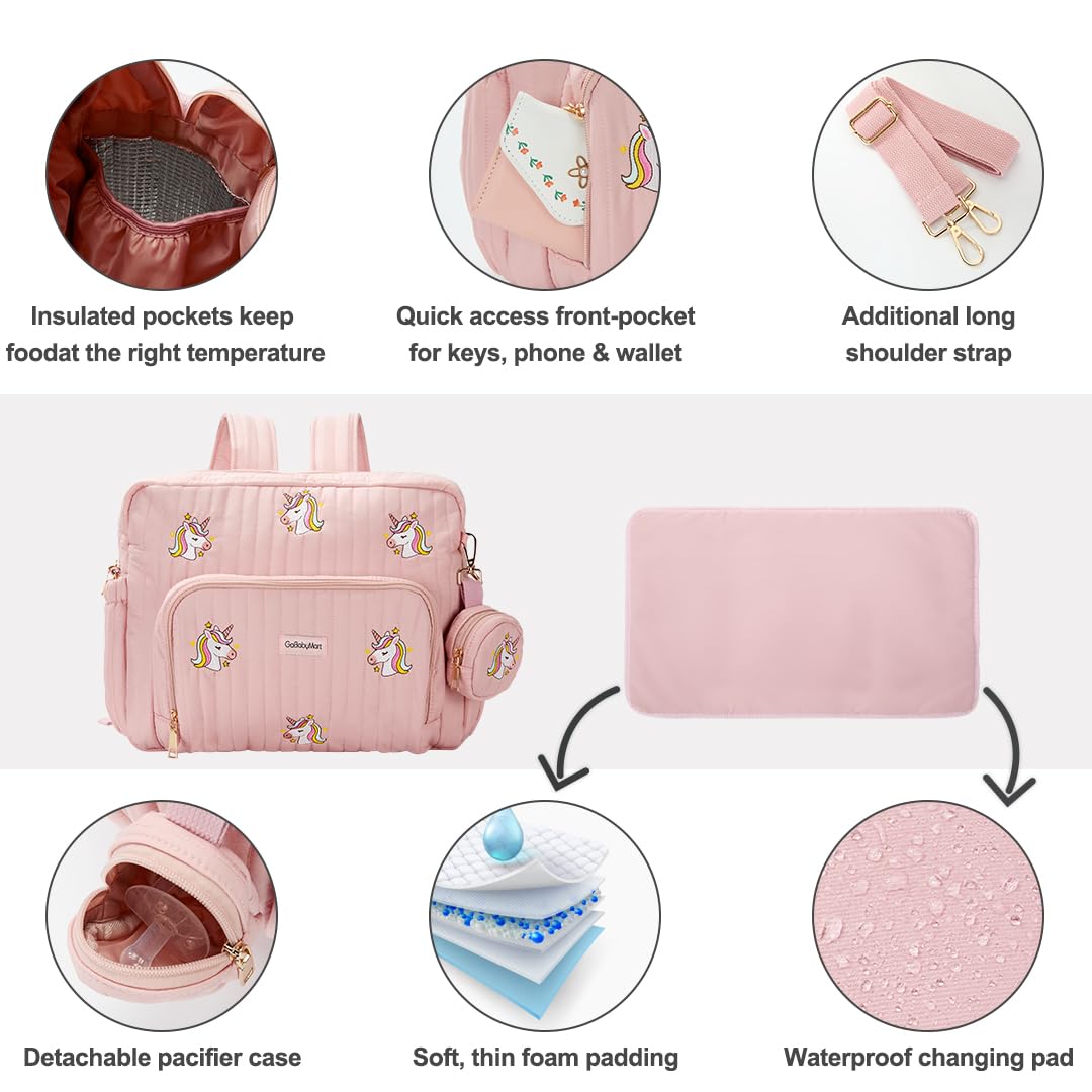 GOBABYMART - Mochila para pañales con cambiador, bolsa de viaje para bebé, bolsillos aislados para botellas, correas para carriola (medianas, unicornios rosas)