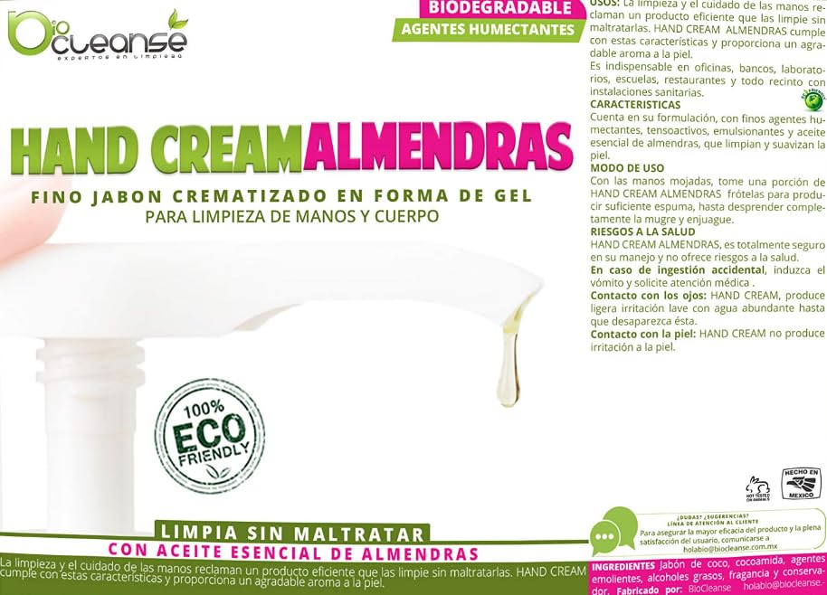 HAND CREAM ALMENDRAS Jabón Líquido de Manos Biodegradable con finos agentes humectantes tensoactivos emulsionantes. 20 Litros