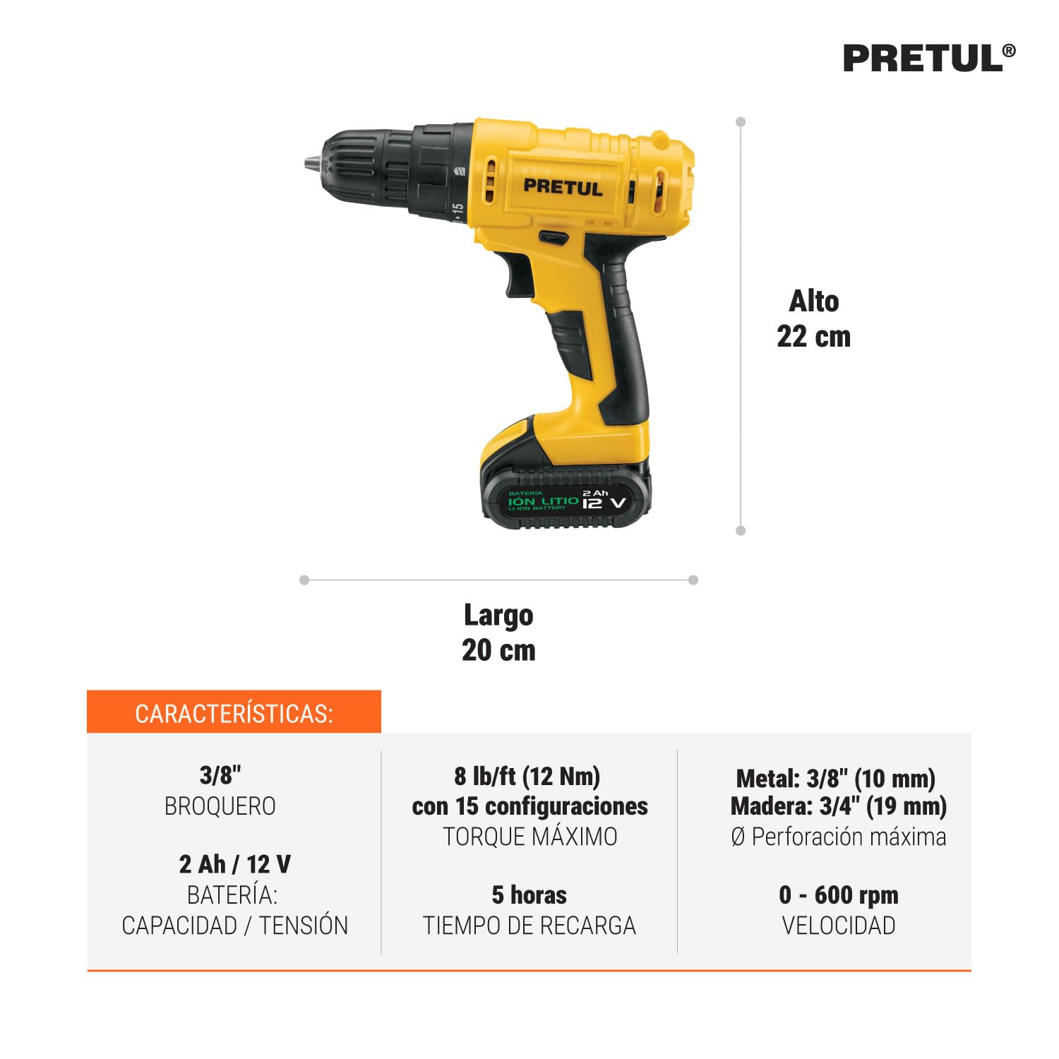 Pretul TALI-12P, Taladro de 12 V inalámbrico 3/8" con 1 batería de ion litio 2 Ah