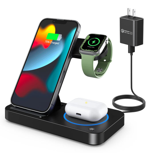 Carga Inalámbrico, 4 en 1 Estación de Carga Inalámbrico con 18W Qi Carga para iPhone 16/15/14/13/12/11,Samsung, Huawei, Airpods 3/2/Pro,Cargador Magnético de Reloj para Apple Watch 9/8/7/6/5/4/3/Ultra