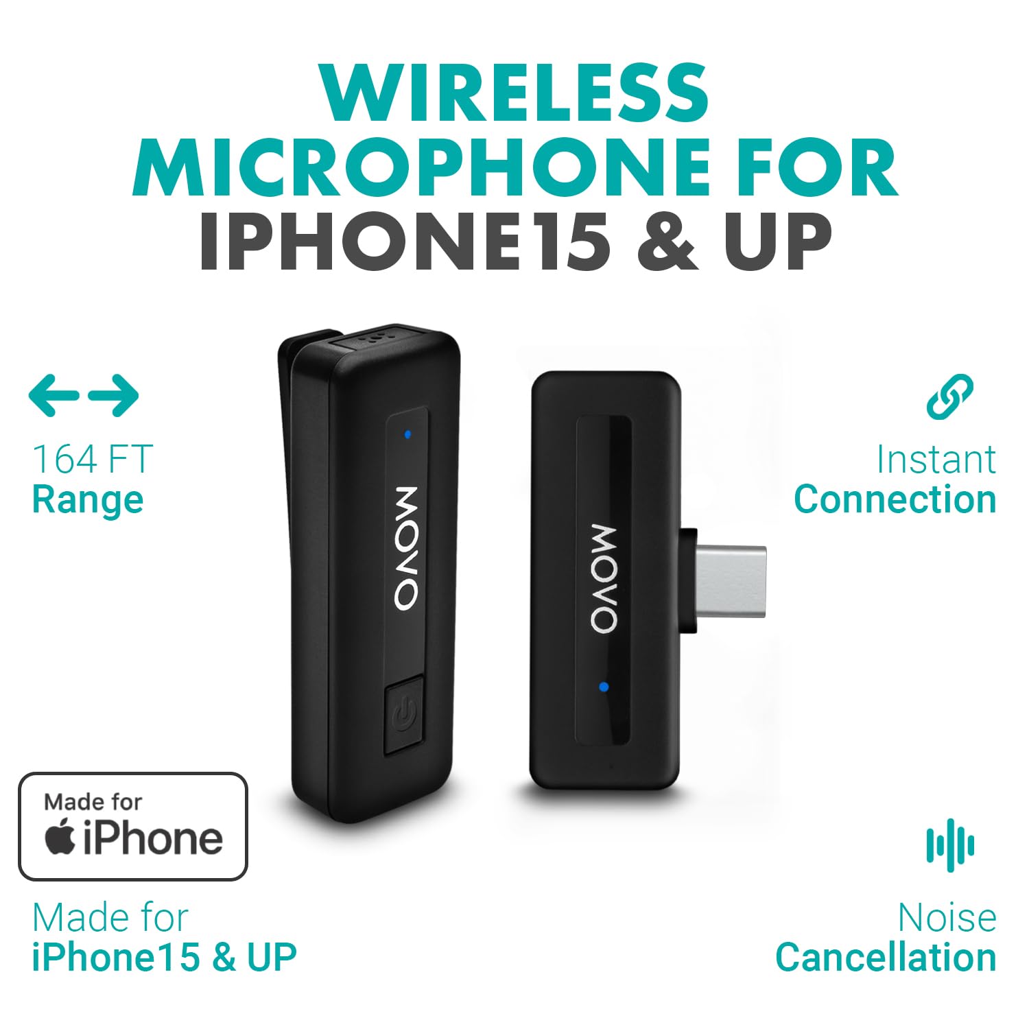 Micrófono Inalámbrico USB-C Movo Negro con Batería de 10 Horas y Alcance de 165 Pies Compatible con iPhone 15/16 Pro Max