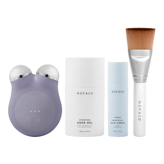 NUFACE | Skin Care Kit de Inicio MINI+ | Dispositivo Portátil Microcorriente Violeta + 2 Serum y Brocha | Gel Conductor Facial Hidratante Facial con Acido Hialuronico | Skincare Kit