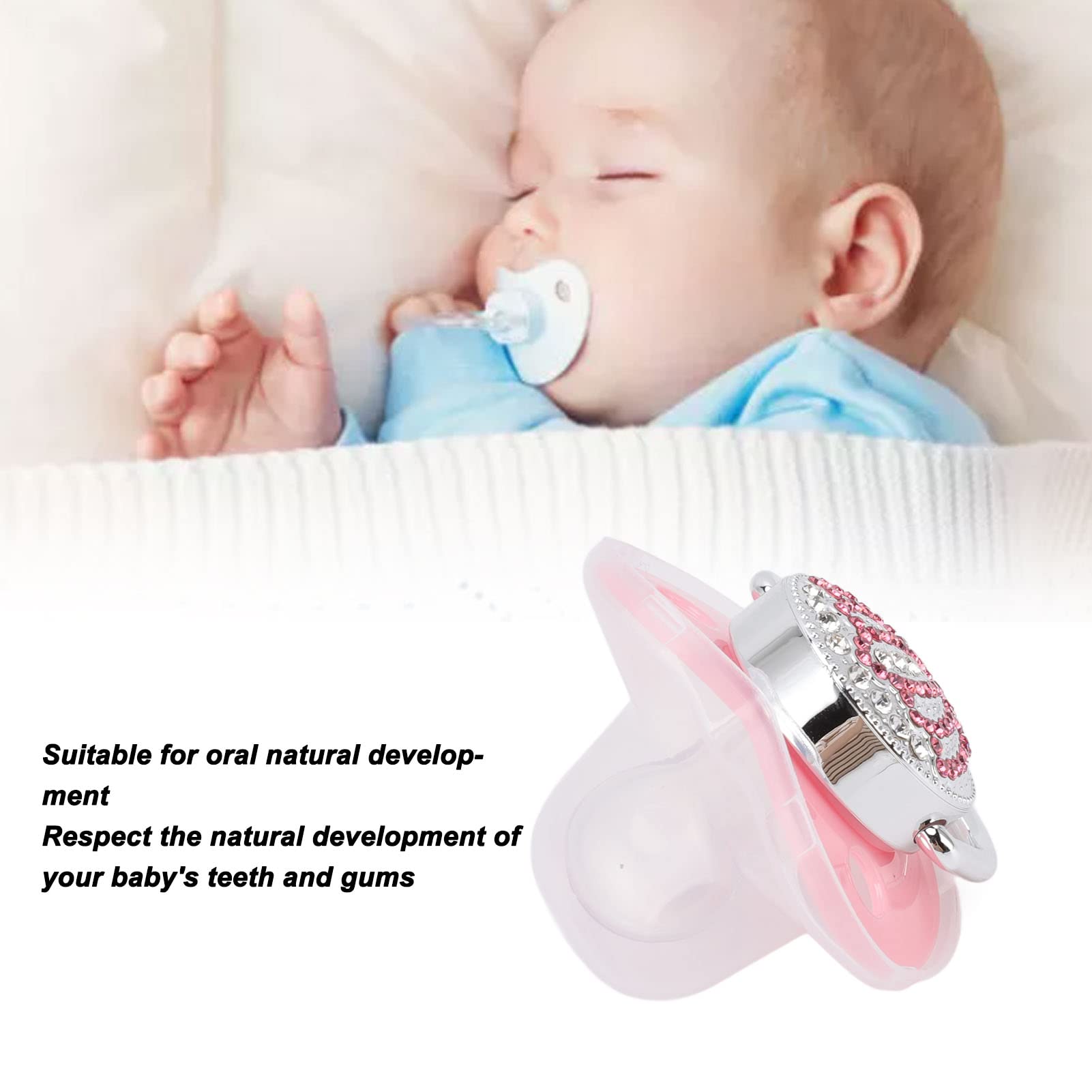 Chupete de Lujo con de Diamantes de Imitación para bebé con Silicona Súper Suave, Clip de Cadena para Bebés de 6 a 18 Meses (Rosa)