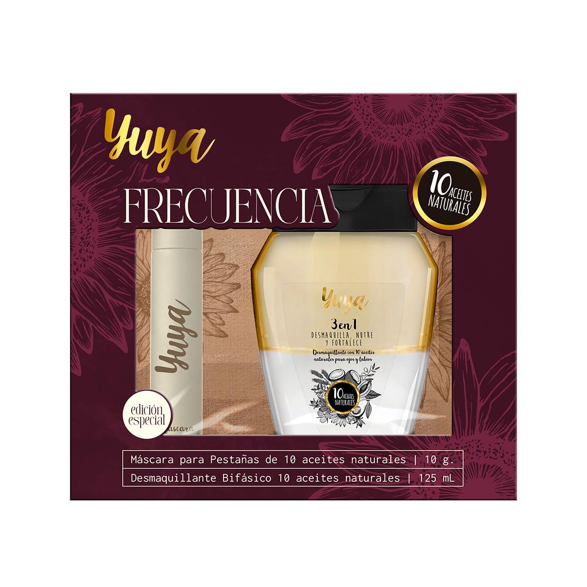 YUYA Frecuencia Set Pestañas Largas y Definidas - Máscara a Prueba de Agua 10 Aceites Naturales (10g) + Desmaquillante Bifásico 3 en 1 (250 ml) - Hidratación, Nutrición, Remueve Maquillaje - Ideal para Ojos Sensibles
