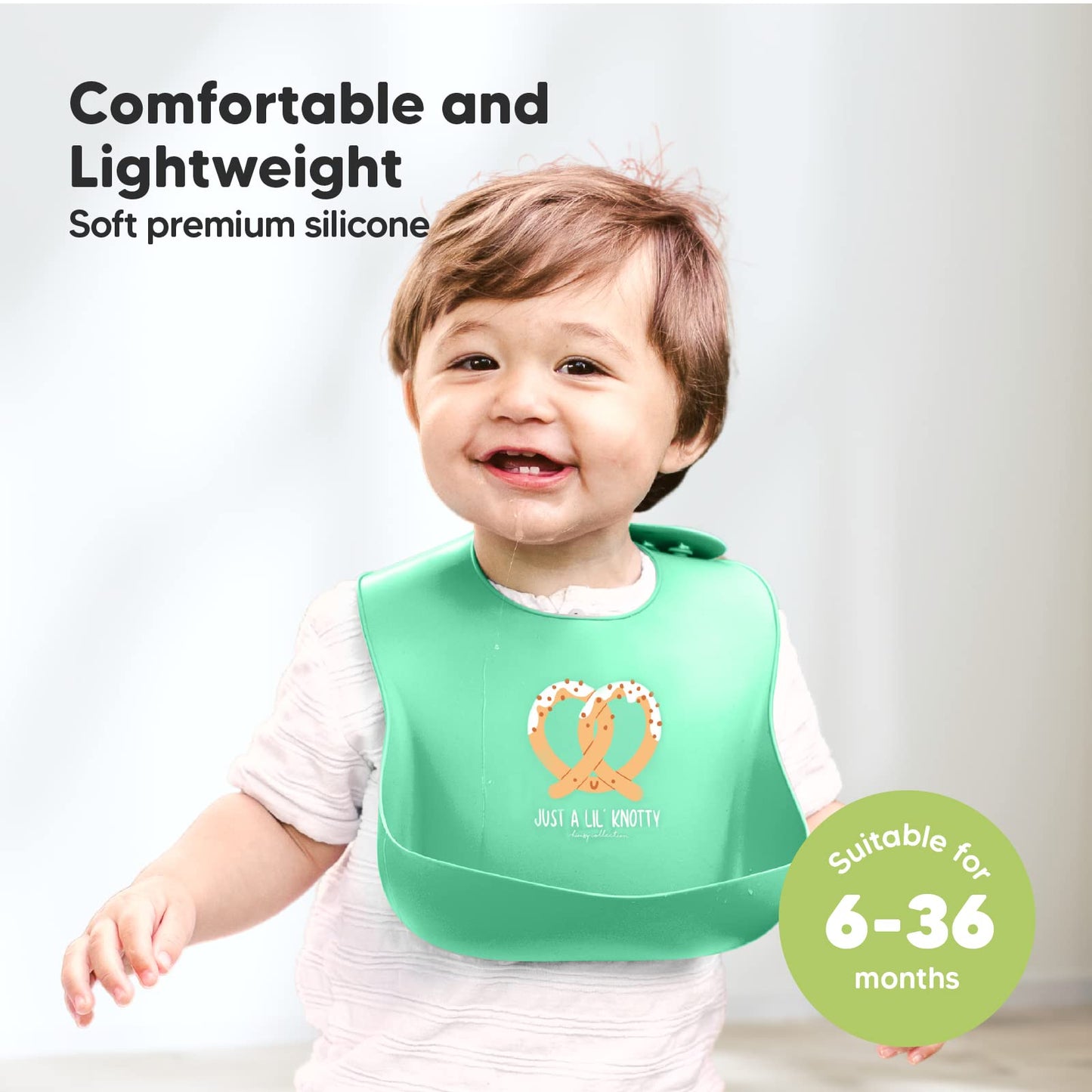 Silicone Baby Bibs - Waterproof, Easy Wipe Silicone Bib for Babies, Toddlers - Baby Feeding Bibs with Large Food Catcher Pocket - Travel Bibs Set for Boys, Girls - Food Grade BPA Free (Pretzel)