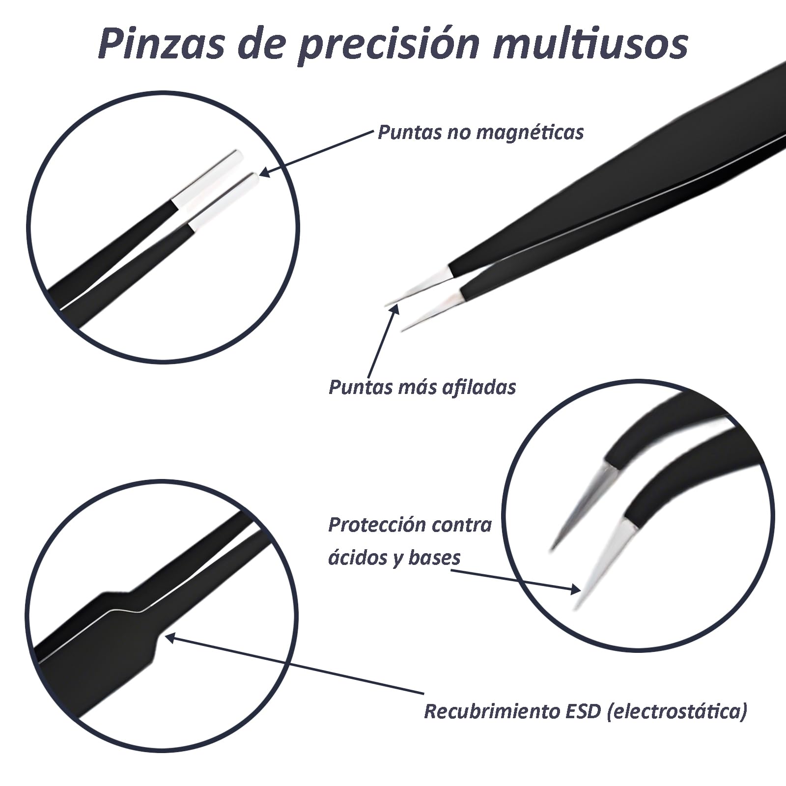KASIKAI Kit de 10 Tweezers y Pinzas de Precisión ESD Antiestáticas - Chazón Profesional, Acero Inoxidable con Palanca Metálica + Maletín Oxford (Electrónica/Laboratorio/Joyería/Depilar)