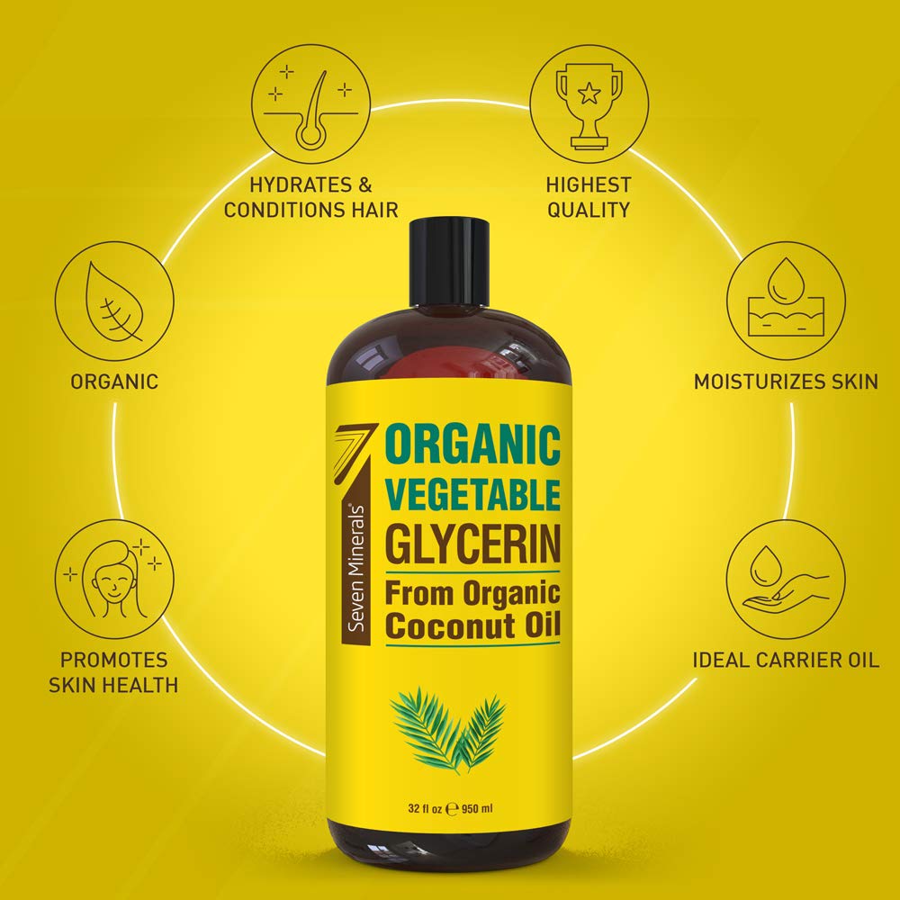 Seven Minerals- Glicerina vegetal orgánica - Botella grande de 32 fl oz - Sin aceite de palma, elaborada con aceite de coco orgánico - Th