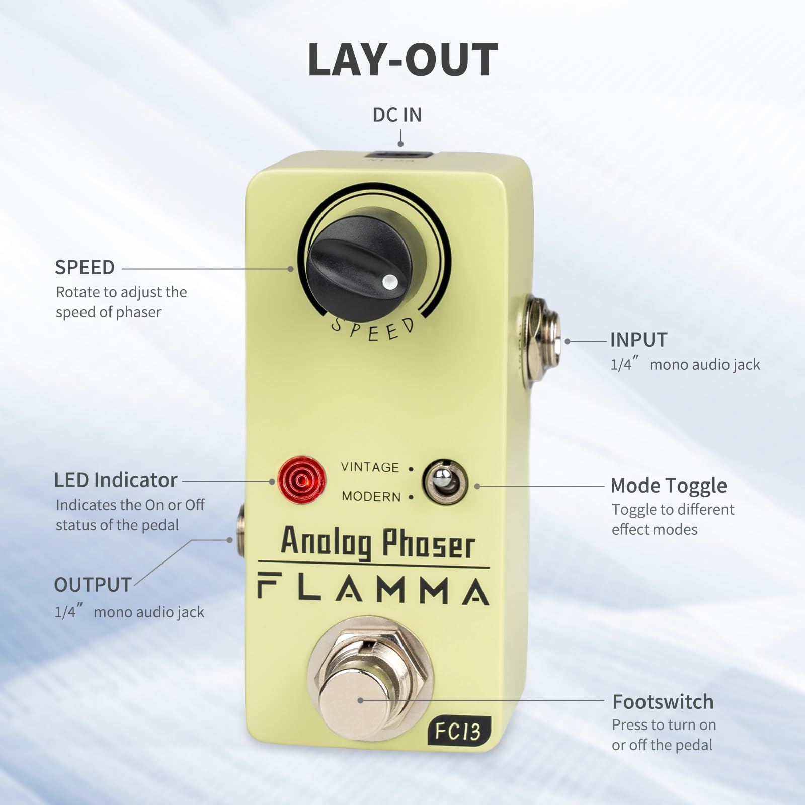 Pedal de Guitarra FLAMMA FC13 con Efectos de Phaser Analógico y True Bypass