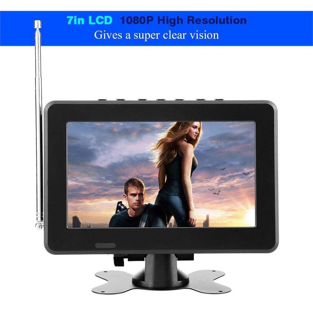 Fosa TV Digital para automóvil, televisión portátil portátil ATSC Televisor estéreo 1080P Reproductor de Video con Radio FM y Soporte de ventosas con Doble Altavoz y Control Remoto (7in)