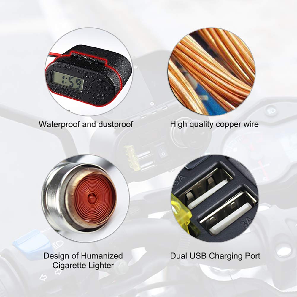 Cargador USB para Motocicleta, DC 12V / 24V Encendedor de Cigarrillos para Motocicleta Puertos de Carga USB Duales Voltímetro Reloj Pantalla de Tiempo Motor Cargador de Teléfono