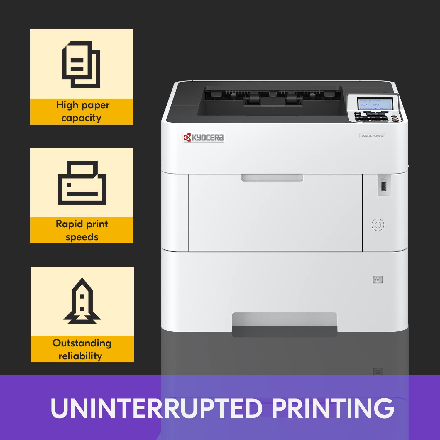 KYOCERA ECOSYS PA6000x Impresora láser monocromática, 62 ppm, 600 x 600 ppp y hasta 1200 ppp, bandeja de 600 hojas, MPT de 100 hojas, dúplex, LCD de 5 líneas con panel de llave dura, Gigabit Ethernet,