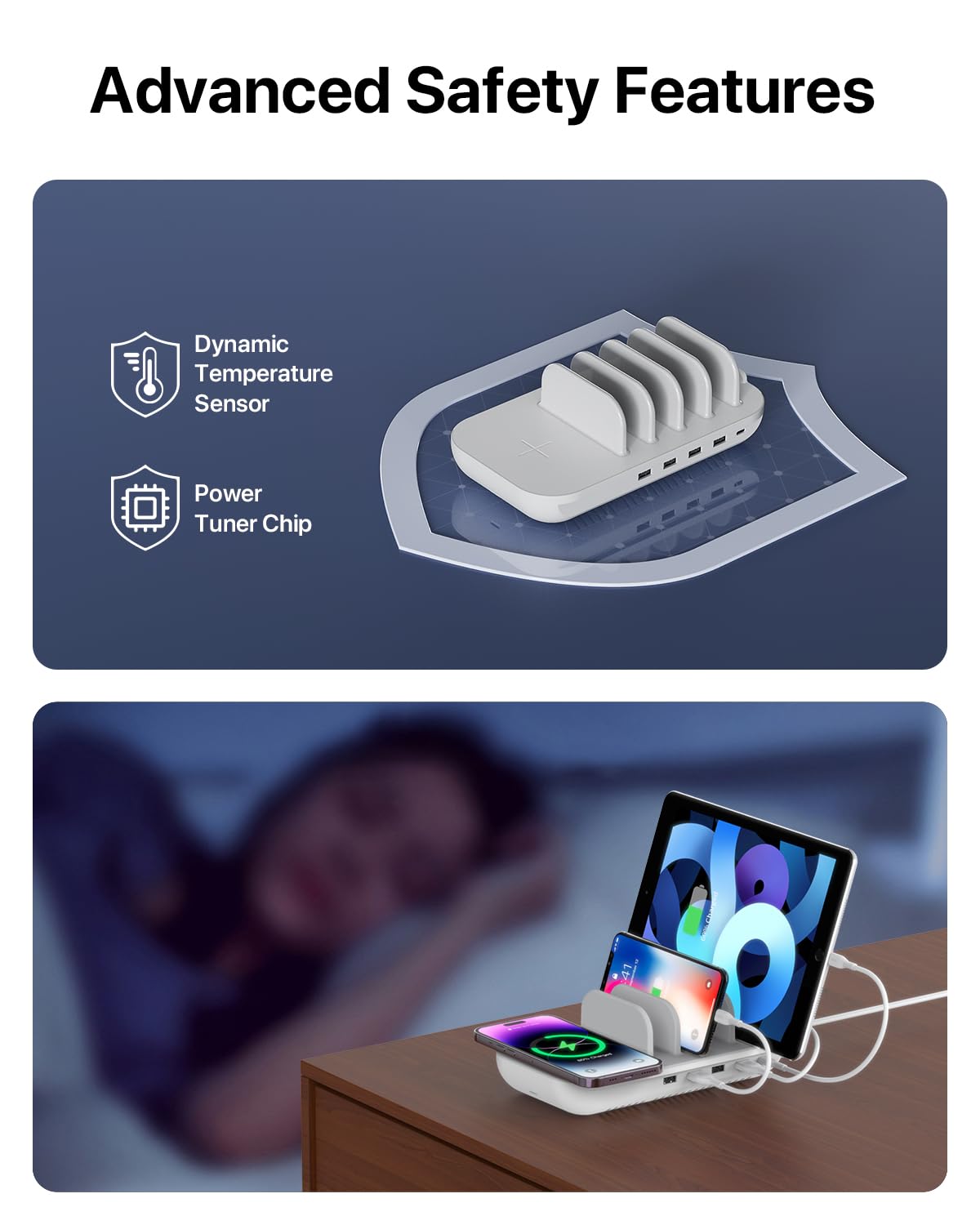 SooPii Estación de carga inalámbrica de 70W para múltiples dispositivos, base de carga de 5 puertos con cargador inalámbrico de 15W, puerto USB C PD de 25W para lPad, lPhone Xs/Max/X/8, 4 puertos USB para teléfonos/tabletas/auriculares