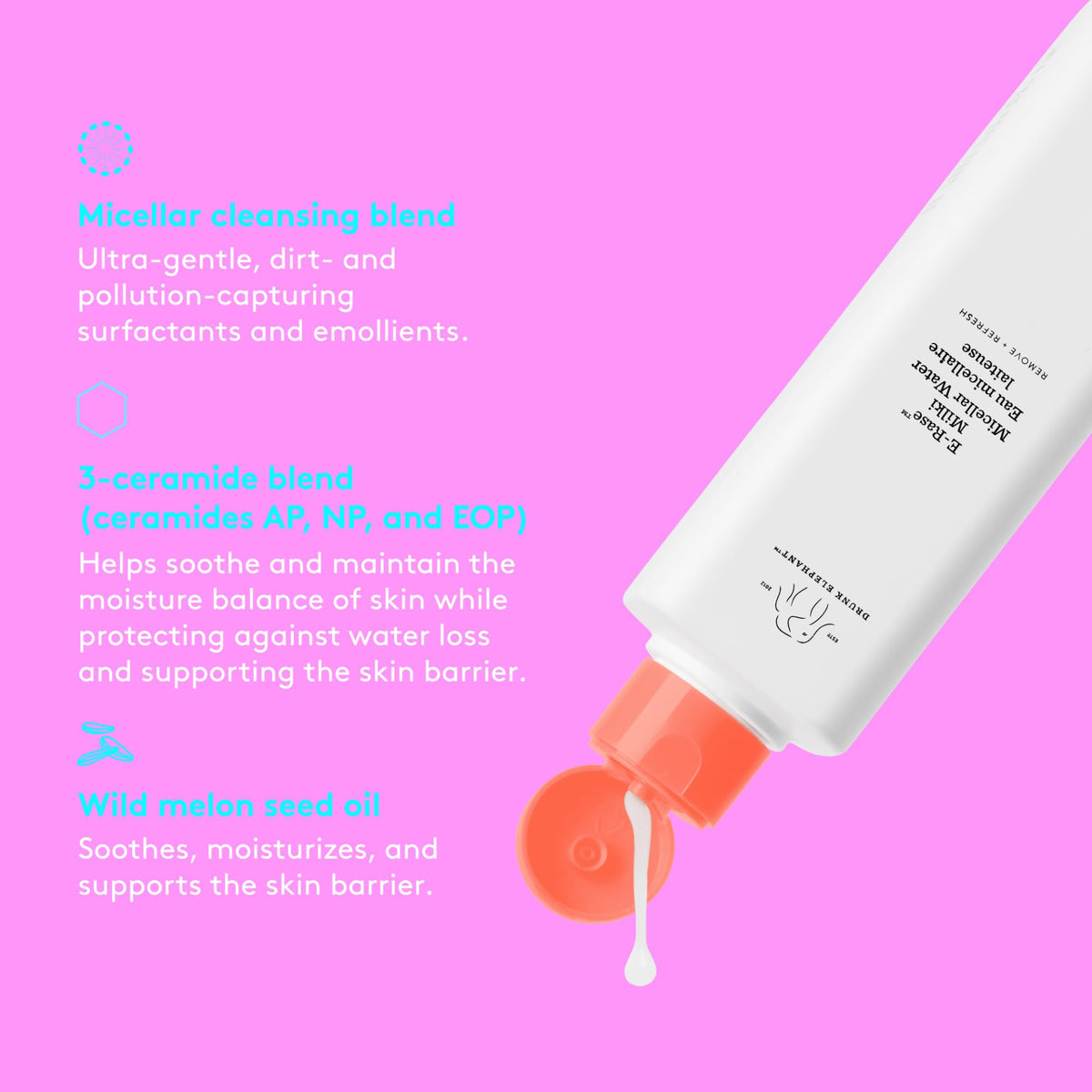 Drunk Elephant E-Rase Milki Agua Micelar - Fórmula ultra suave para quitar suavemente el maquillaje y las bacterias. (8 oz)