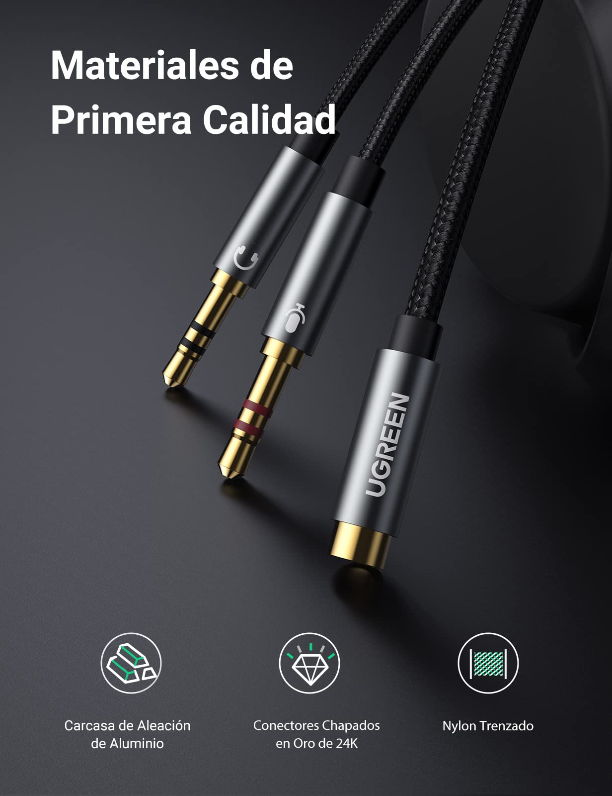 Cable Divisor UGREEN Gris de Auricular y Micrófono 3.5mm Macho a Hembra
