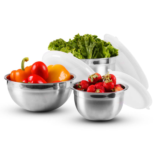 Juego de Cuencos de Acero Inoxidable Ovente Plateado con Tapa y Marcas de Medición para Cocina