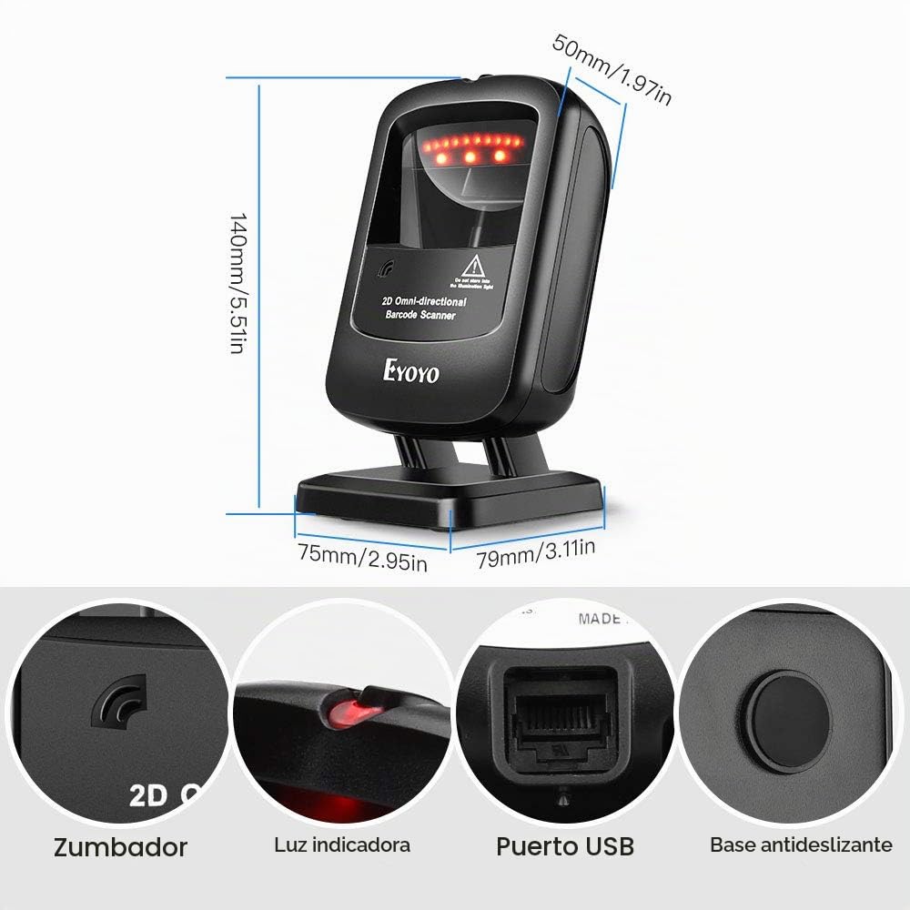 Escáner de Código de Barras Eyoyo Negro Omnidireccional USB Manos Libres