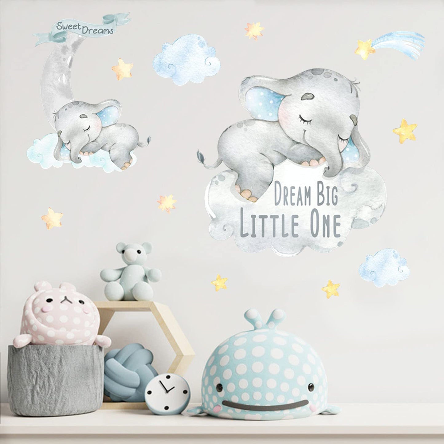 Yovkky - Calcomanías de Pared con Diseño de Elefante de Acuarela Azul, Luna y Globo de Aire Caliente, Decoración para Cuarto de Bebé, Habitación, Sala de Juegos, Vinilo Extraíble e Impermeable