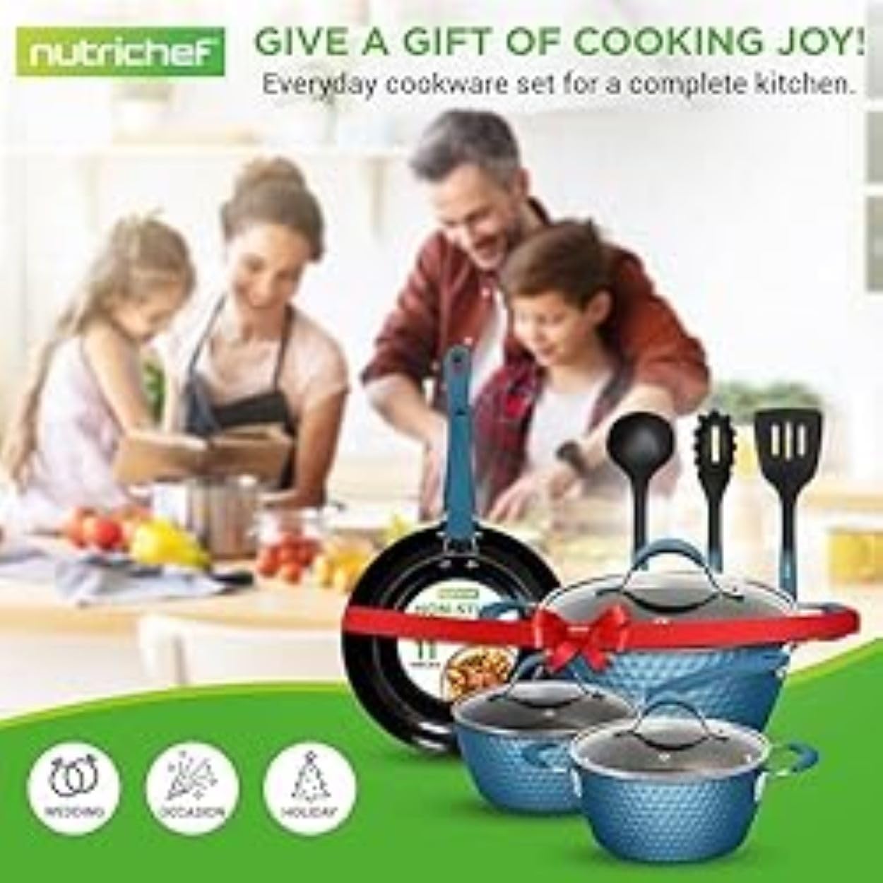 nutrichef Nonstick Cookware Excilon, Home Kitchen Ware Pots Pan Set with Saucepan, Frying Pans, Cooking Pots, Lids, Utensil PTFE/PFOA/PFOS Free, 11 Pcs, Azul Royal