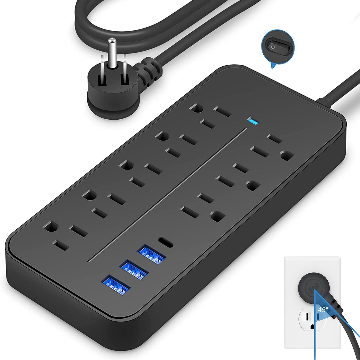 Sendowtek Multicontacto USB Regleta de Alimentación Regleta Enchufes USB con Cable de Extensión de 4Ft/1.2M Conector Multiple con 8 Tomas, 3 Puertos USB A y 1 Puerto Tipo-C, para Hogar y Oficina