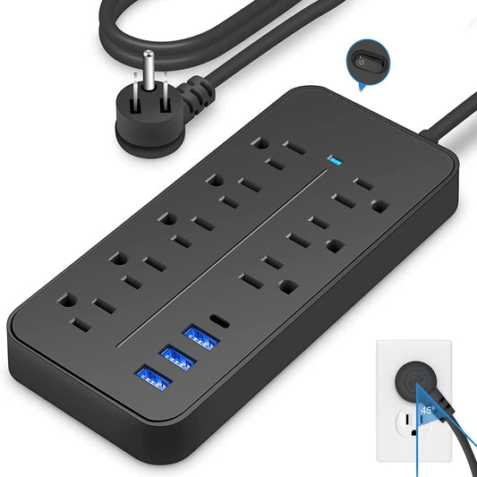 Sendowtek Multicontacto USB Regleta de Alimentación Regleta Enchufes USB con Cable de Extensión de 4Ft/1.2M Conector Multiple con 8 Tomas, 3 Puertos USB A y 1 Puerto Tipo-C, para Hogar y Oficina