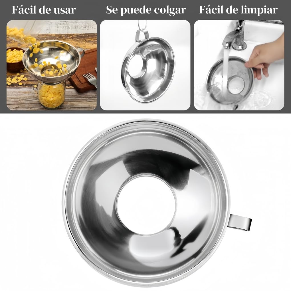 Juego de Embudos Acero Inoxidable Boca Ancha Grado Alimenticio con Asa para Conservas en Cocina