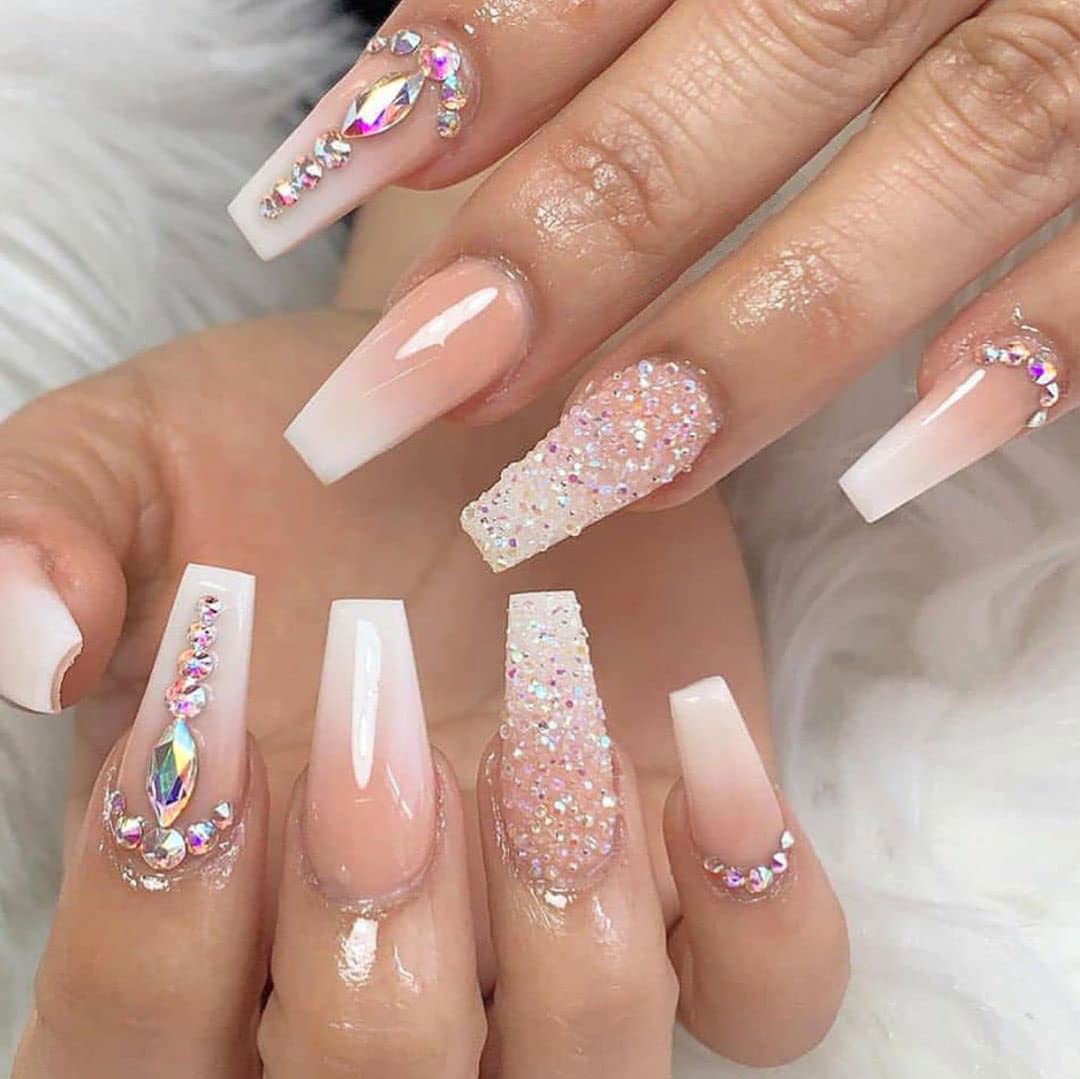 Yivaiks 24 uñas postizas personalizadas a mano, con diseño de bailarina y diamantes de imitación, accesorio perfecto para banquetes, veladas y fiestas (GD-004)