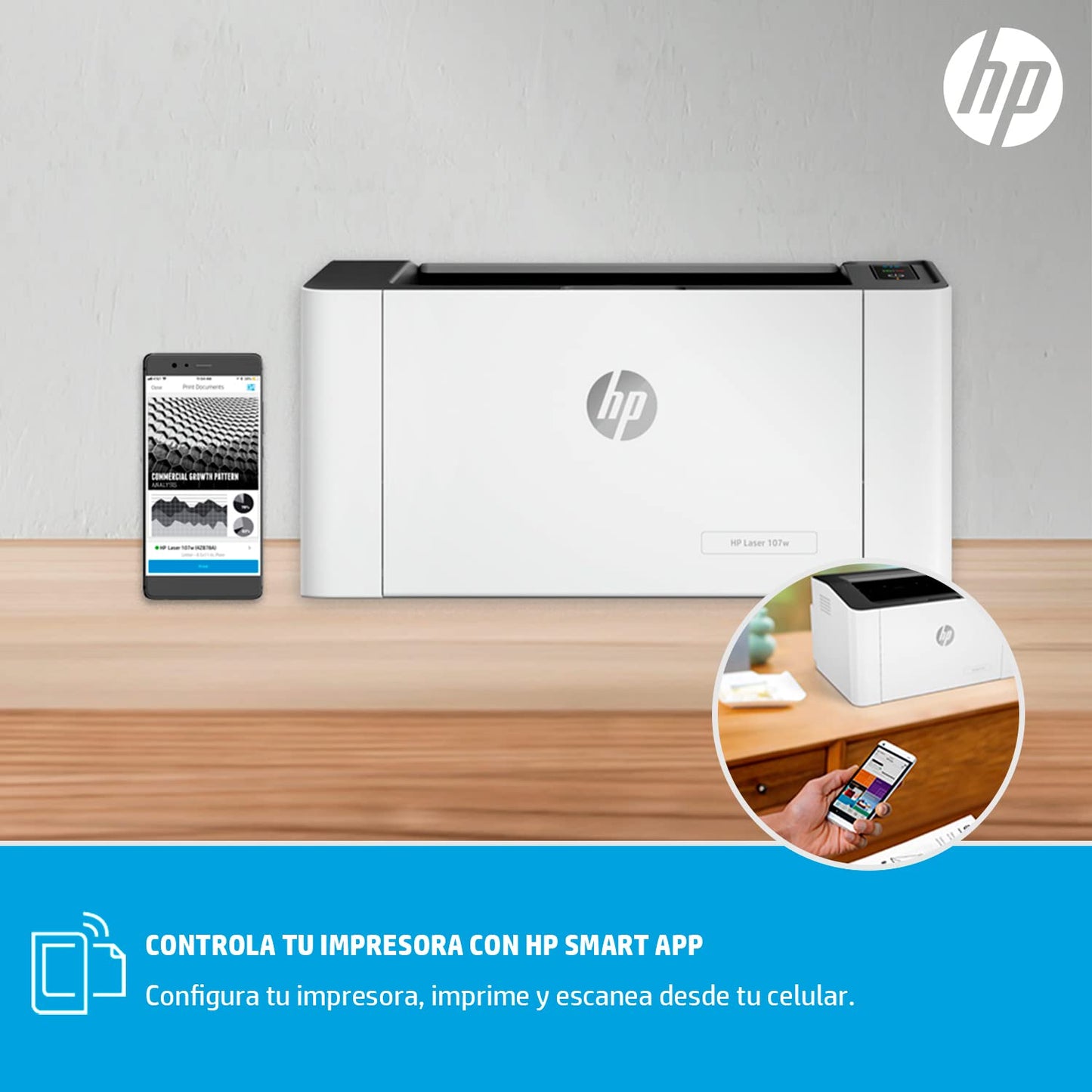 HP Impresora Laser 107w, Láser, Impresión en Negro, Wi-Fi, USB, Impresión y escanéo Smart App, Apple Air Print, Bandeja de 150 Hojas, Pantalla LED (4ZB78A)