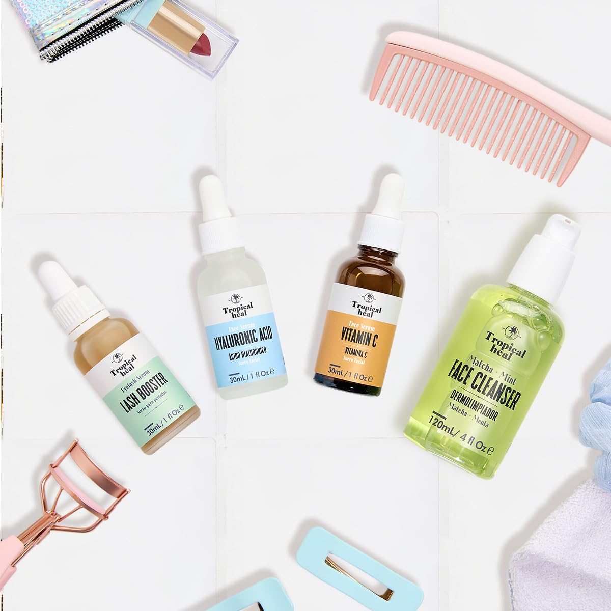 Tropical Heal - Kit Beauty Basics de Cuidado Facial en 4 Pasos - Serum Lash Booster, Ácido Hialurónico, Vitamina C y Limpiador Facial con Matcha