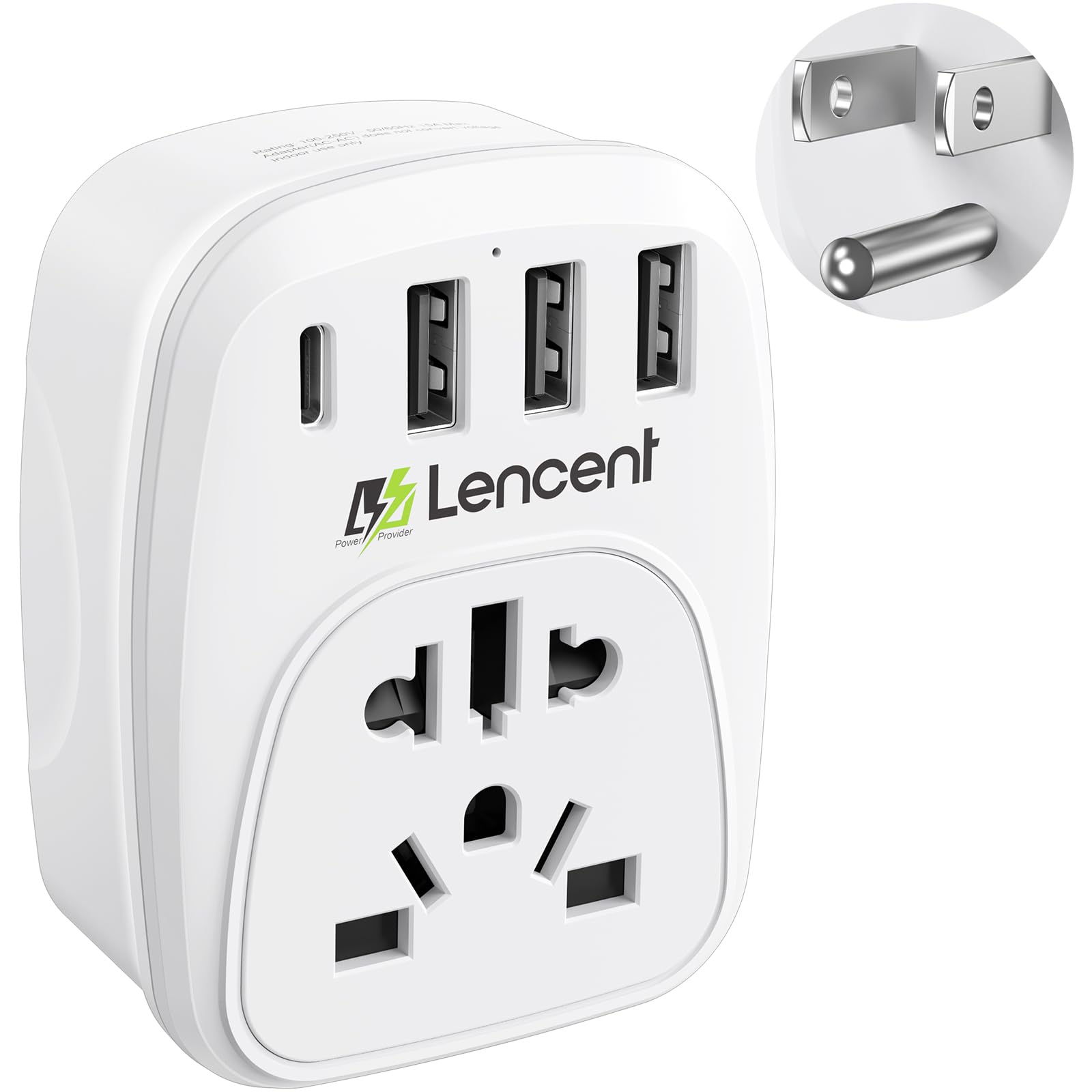 LENCENT Adaptador de Enchufe Mundial a Americano, Convertidor de Enchufe Internacional para Europa/Reino Unido/Australia/Suiza/Brasil a EE. UU./México, 3 Puertos USB-A y 1 Tipo-C, Perfecto para Viajar