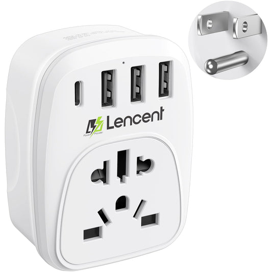 LENCENT Adaptador de Enchufe Mundial a Americano, Convertidor de Enchufe Internacional para Europa/Reino Unido/Australia/Suiza/Brasil a EE. UU./México, 3 Puertos USB-A y 1 Tipo-C, Perfecto para Viajar