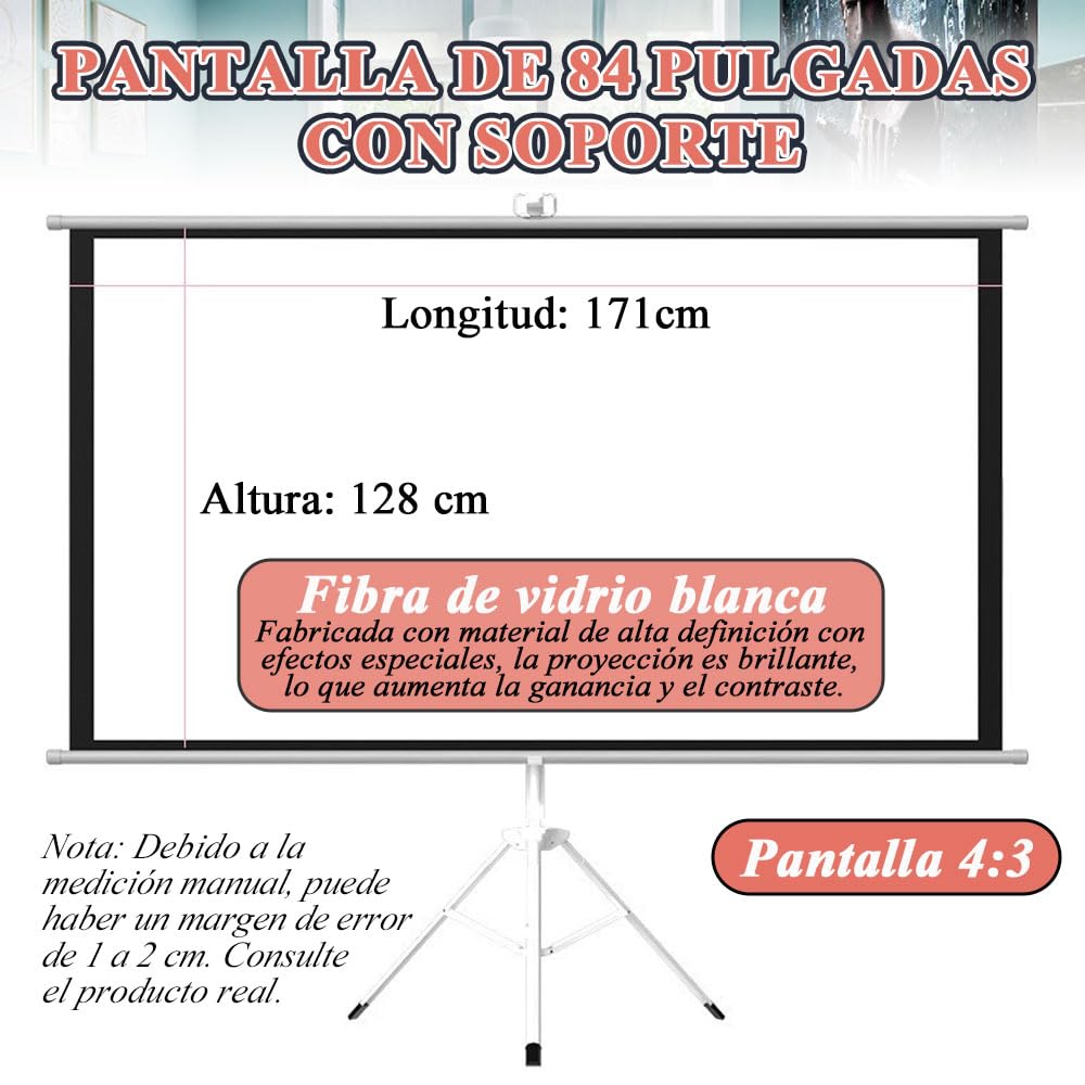 Pantalla Portátil Proyector 84 Pulgadas Trípode - Retractil, Ángulo de Visión de 178°, con Soporte y Montaje en Pared, Pantalla Proyector 4:3, Fibra de Vidrio, para Cine en Casa y Conferencias