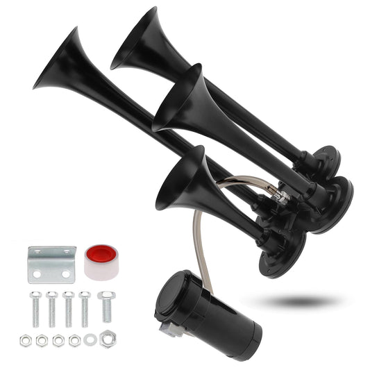 DriSentri - Kit de bocinas de tren, 4 trompeta, bocinas de tren superfuertes de 12 V 185 dB para camionetas, cuatro bocinas de aire de trompeta con compresor para vehículos, camiones, camionetas,