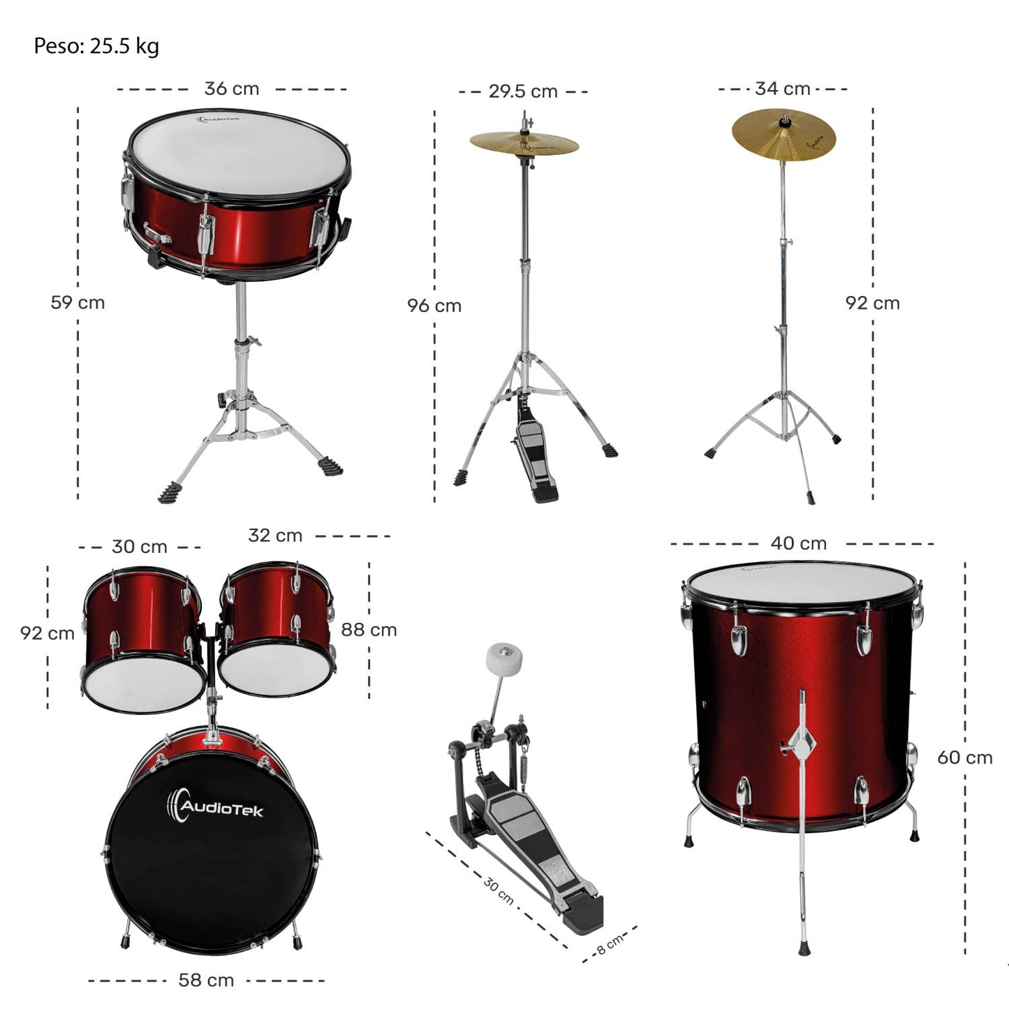 AUDIOTEK Bateria Acustica 5 Piezas Completo Platillos Atriles Bombo 23 Pulgadas Toms Redoblante Tambor de Piso Baquetas Incluidas Kit Musical Semi Profesional para Principiantes y Adultos (Rojo)