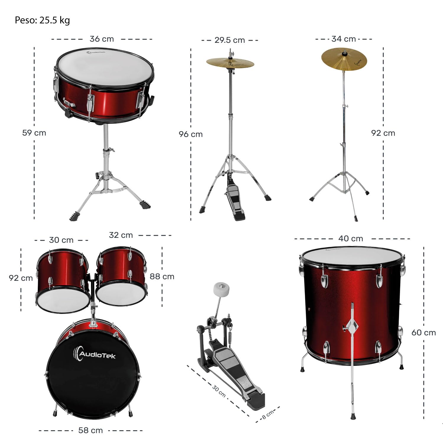 AUDIOTEK Bateria Acustica 5 Piezas Completo Platillos Atriles Bombo 23 Pulgadas Toms Redoblante Tambor de Piso Baquetas Incluidas Kit Musical Semi Profesional para Principiantes y Adultos (Rojo)