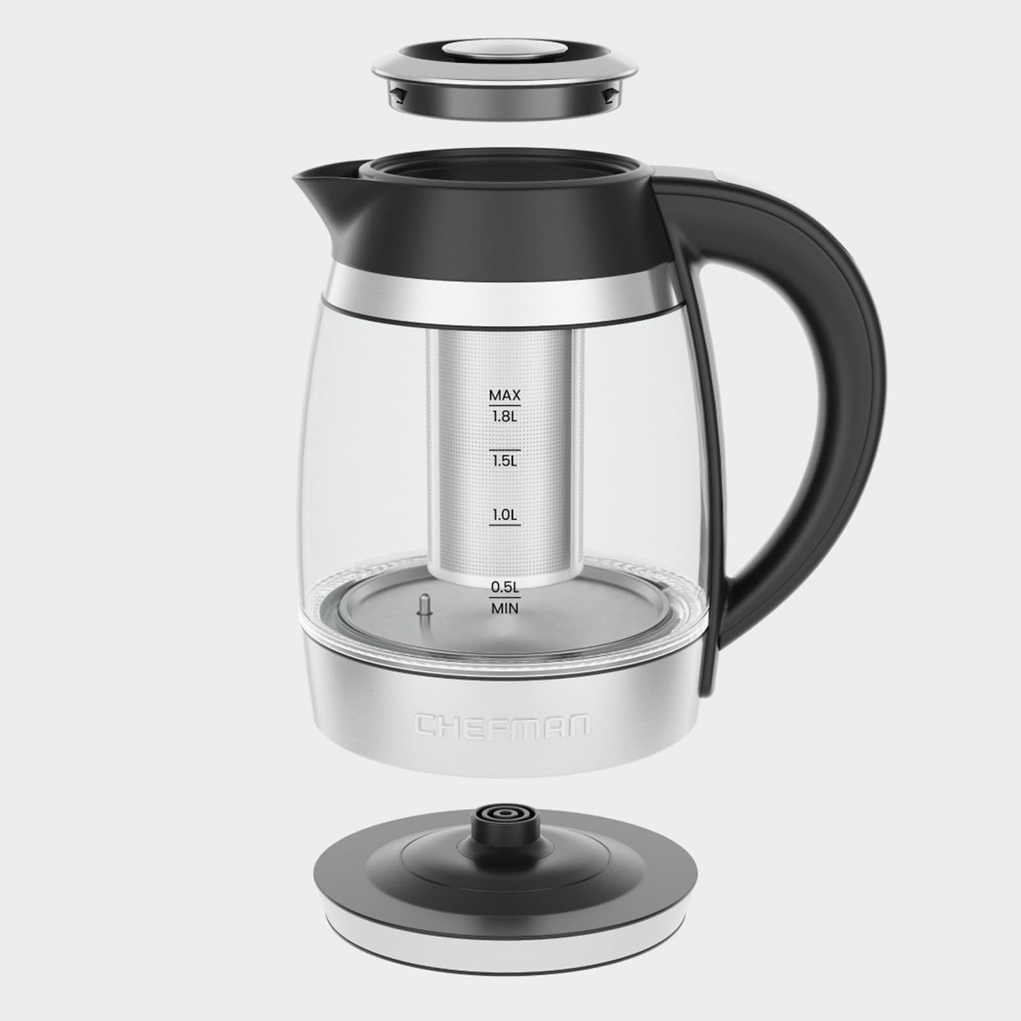 Chefman Hervidor eléctrico con control de temperatura, infusor de té extraíble, 5 luces indicadoras LED preestablecidas, base giratoria de 360°, sin BPA, acero inoxidable, 1,8 litros