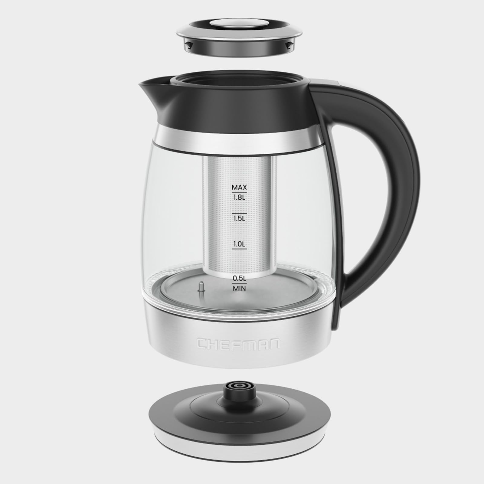 Chefman Hervidor eléctrico con control de temperatura, infusor de té extraíble, 5 luces indicadoras LED preestablecidas, base giratoria de 360°, sin BPA, acero inoxidable, 1,8 litros