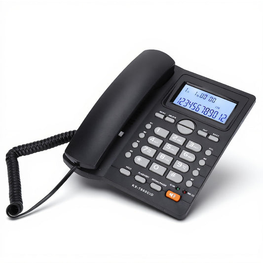 Teléfono Fijo, teléfono de Escritorio con identificador de Llamadas, teléfono con de extensión de Doble Puerto, Cable con Cable y Altavoz (Negro)