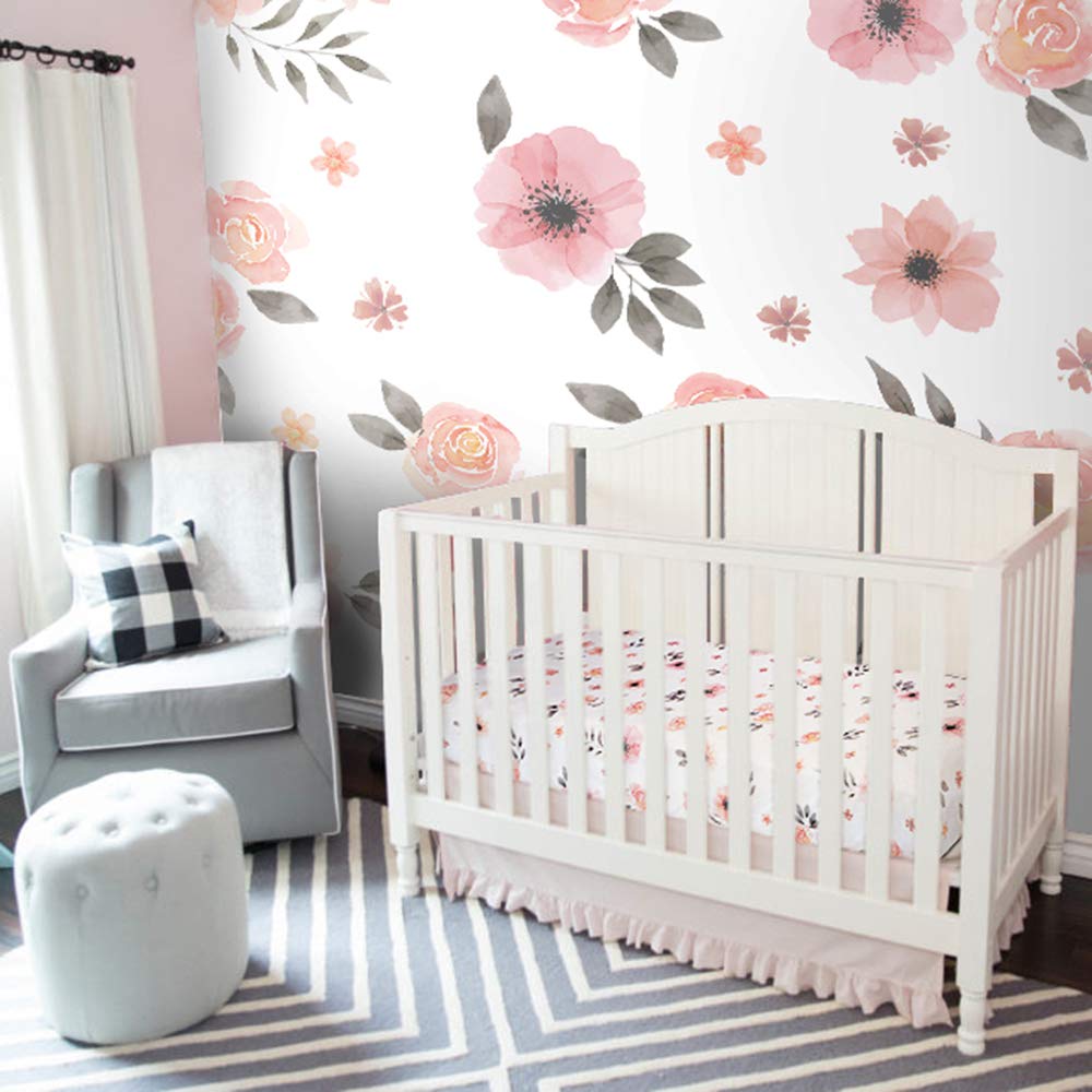 Minika Sábana para cuna de niña con diseño floral, 100% algodón finamente peinado, transpirable, súper suave, acuarela, rosa, para bebé, 52 x 28 x 9 pies, se adapta a colchones estándar