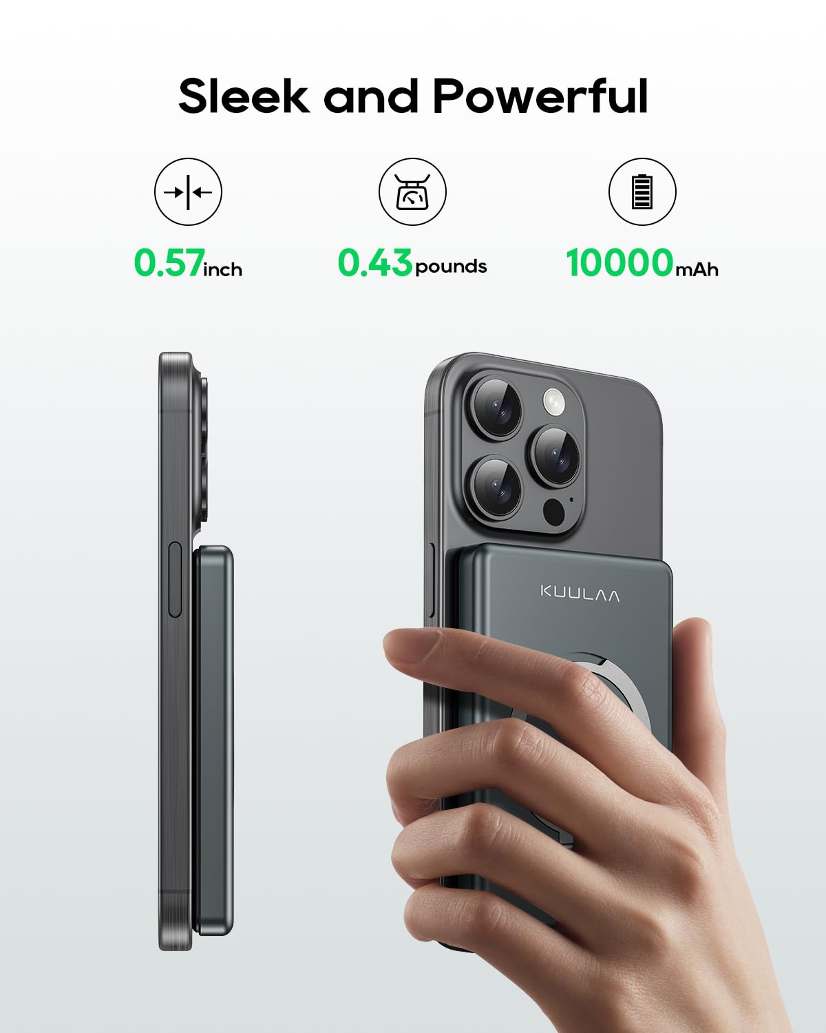 Kuulaa Power Bank 10000mAh, Batería Portátil Inalámbrica con Pantalla LED, Soporte Plegable, Carga Rápida PD 20W USB-C, Compatible con iPhone 16/15/14/13/12/Pro/Mini/Pro MAX (Gris)