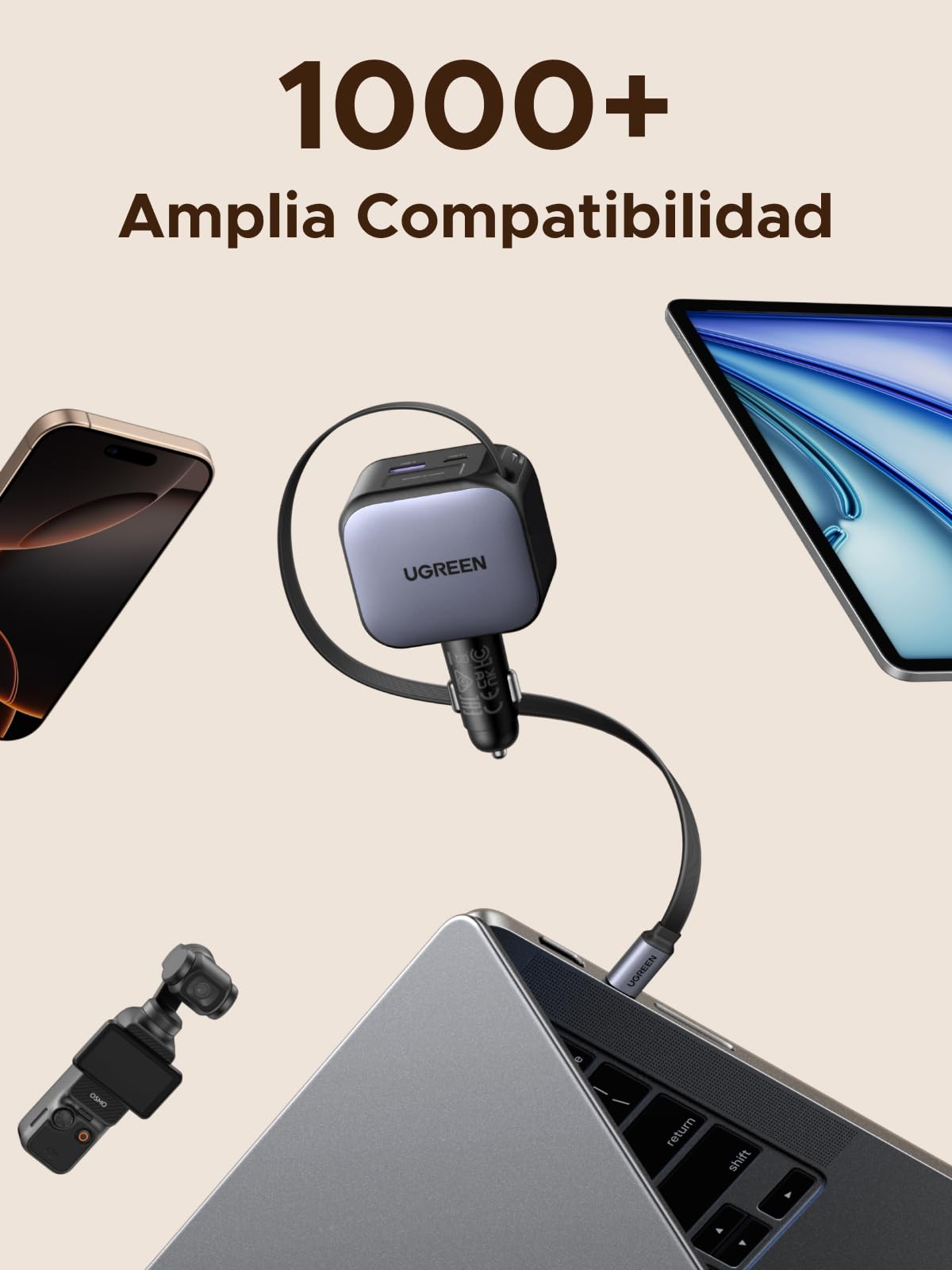 Cargador para Auto UGREEN Negro 145W 4 en 1 con Cable Retráctil USB C