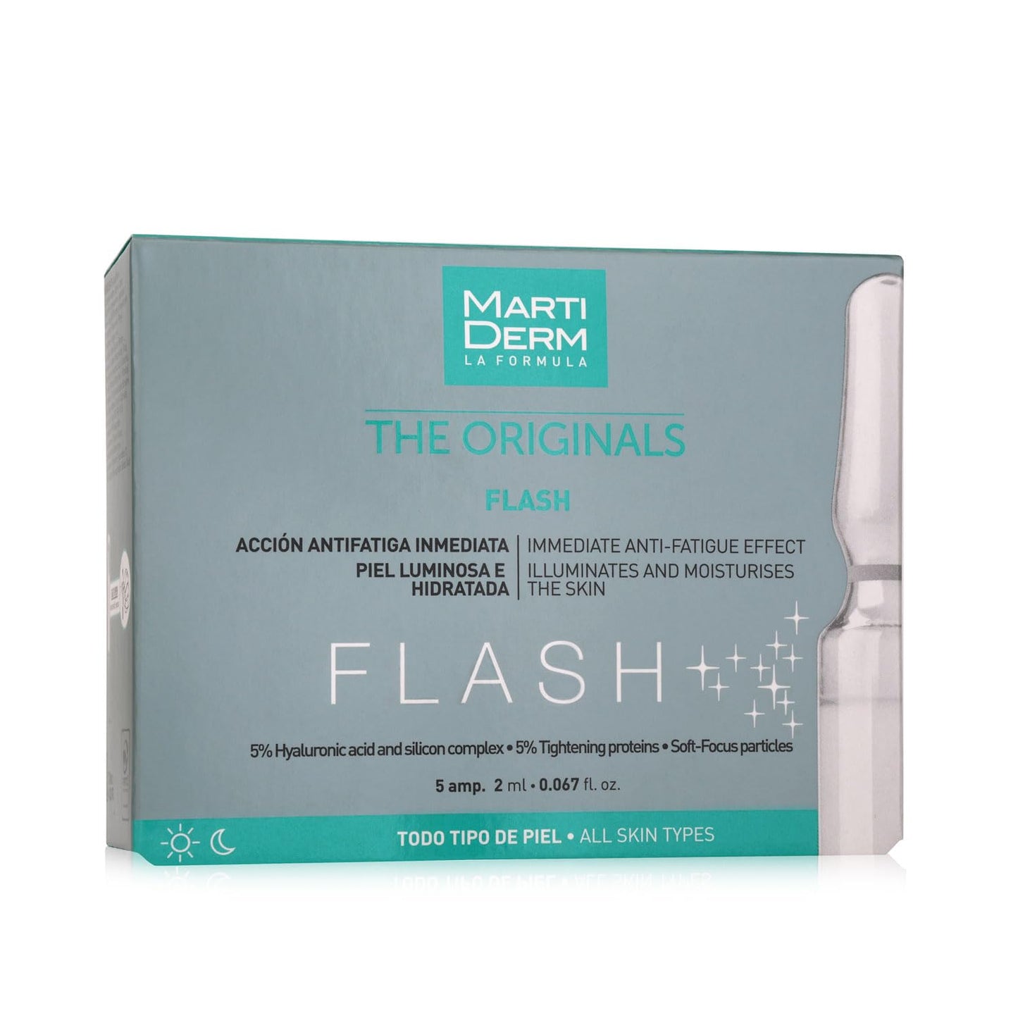 MartiDerm Flash Ampolletas Faciales hidratantes efecto antifatiga inmediata. Ácido Hialurónico + Silicio + Proteínas tensoras. Disimula arrugas e imperfecciones al instante - 5 ampolletas