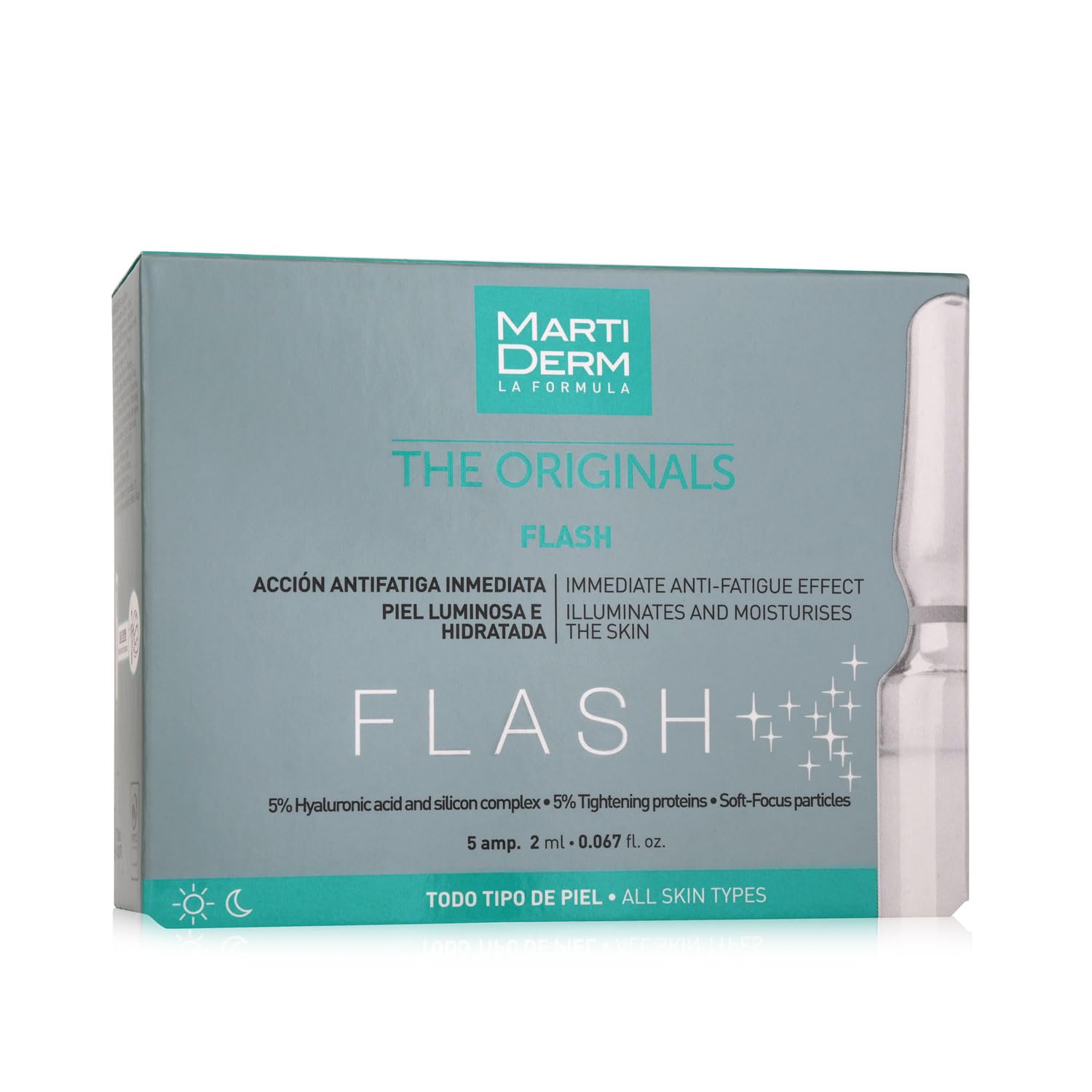 MartiDerm Flash Ampolletas Faciales hidratantes efecto antifatiga inmediata. Ácido Hialurónico + Silicio + Proteínas tensoras. Disimula arrugas e imperfecciones al instante - 5 ampolletas