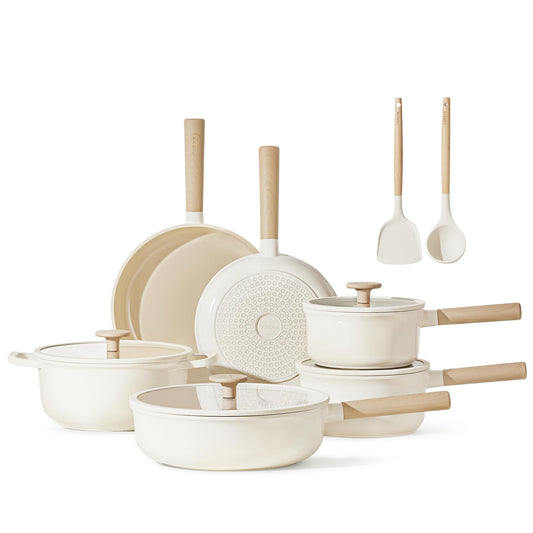 CAROTE - Juego de 12 ollas y sartenes, juegos de utensilios de cocina de cerámica antiadherentes, utensilios de cocina de inducción antiadherentes, juego de cocina de granito con sartenes y cacerola