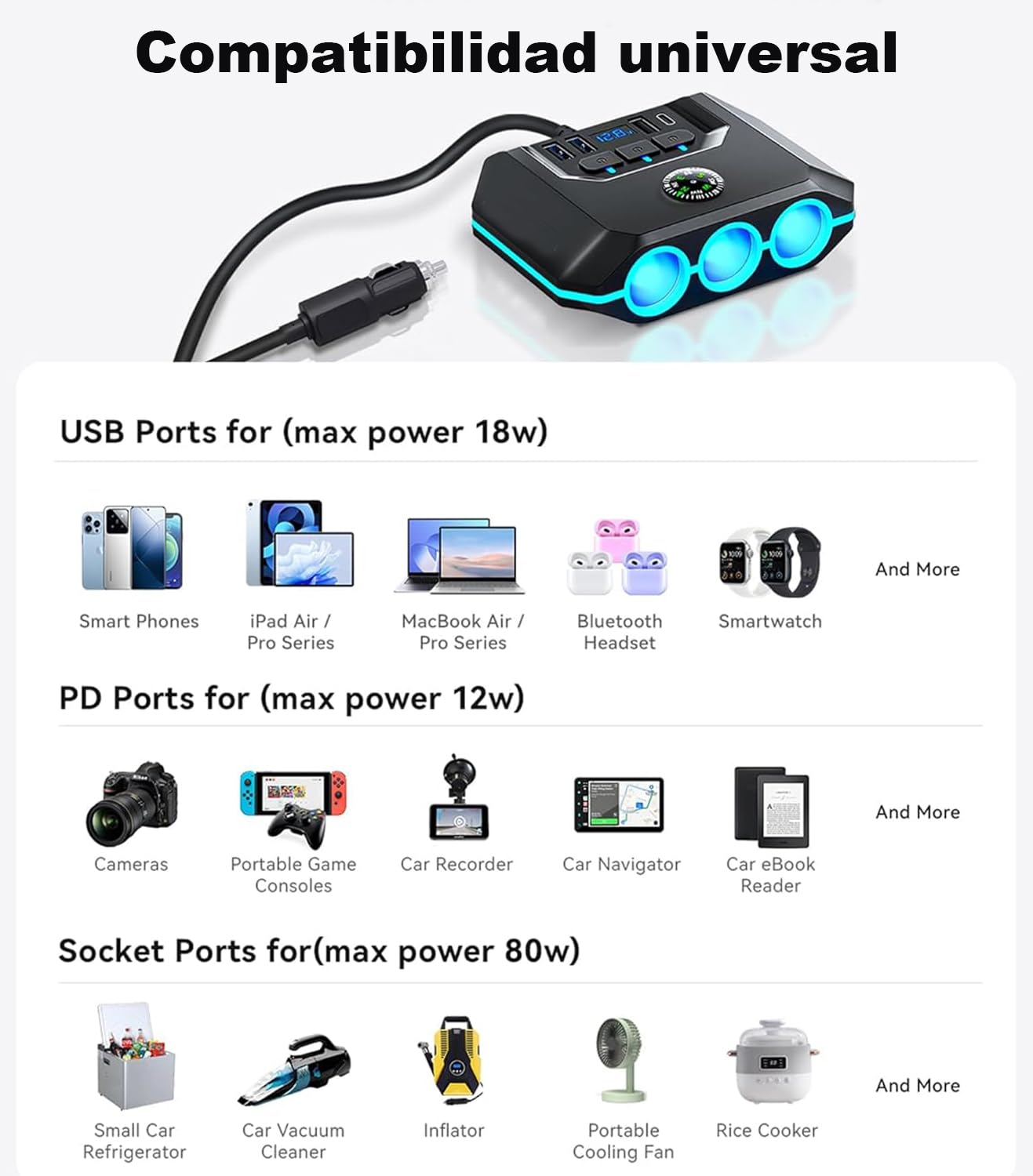 HXIIY Divisor de Enchufe para Encendedor de Cigarrillos de Coche, Multifuncional con Protección contra Sobretensión, Salida USB Tipo C para Teléfonos Tabletas, Cargador de Coche Multifuncional